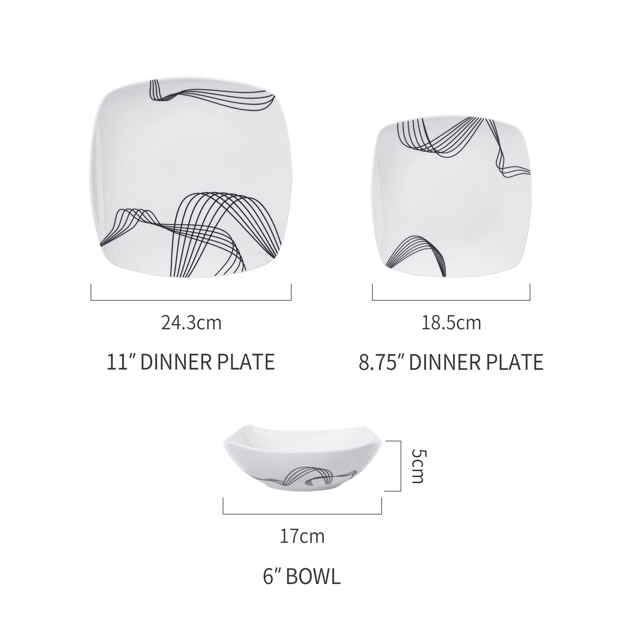 18-Piece Square Porcelain Dinnerware Set for 6 - Modern Ceramic Plates & Bowls - Dishwasher & Microwave Safe - Minimalist Line Spectrum Design - Perfect for Everyday Dining, Dinner Parties & Restaurant Use