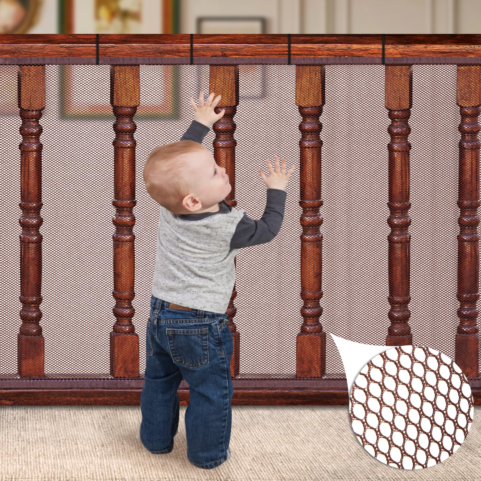 10 ft x 3 ft Banister Guard Safety Net - Baby Proofing Mesh for Stairs, Balcony & Deck Railings | Child, Pet & Toy Protection | Dark Brown | Ideal for Homes, Apartments & Play Areas