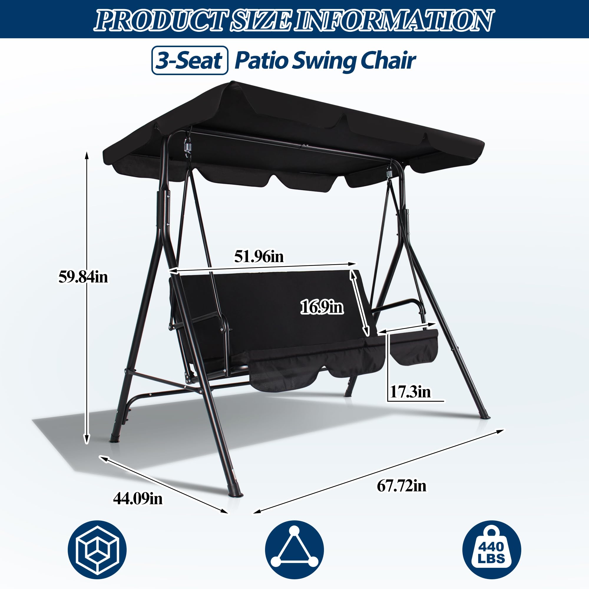 COVERONICS 3-Seat Outdoor Porch Swing Chair with Adjustable Canopy - Durable Metal Frame Patio Swing with Removable Cushions - Perfect for Backyard, Garden, Terrace & Lawn Relaxation (Black)