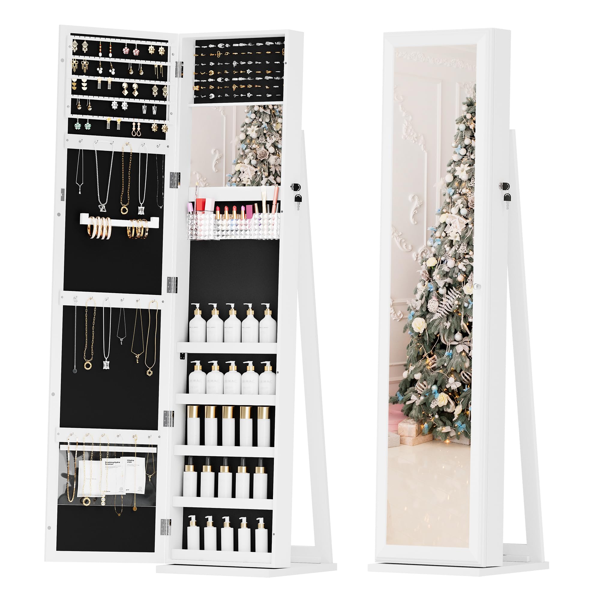Full Length Mirror Jewelry Cabinet with Lock - Standing Jewelry Armoire Organizer for Women & Girls, White - Perfect for Bedroom, Closet & Dressing Room Storage