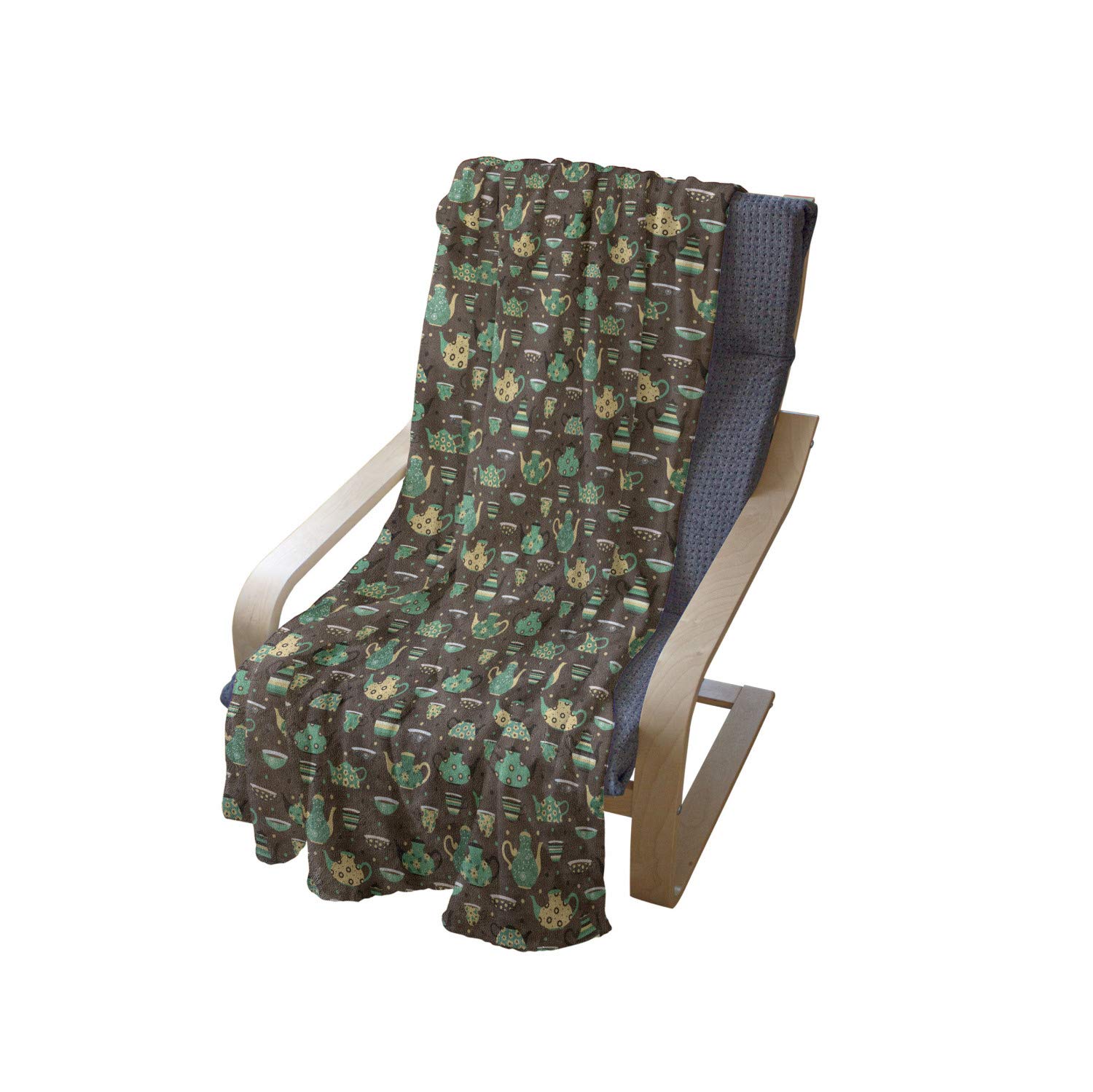 Ambesonne Floral Tea Party Throw Blanket - Soft Fleece Couch Cover with Cups & Pots Design on Dotted Brown Background, 50
