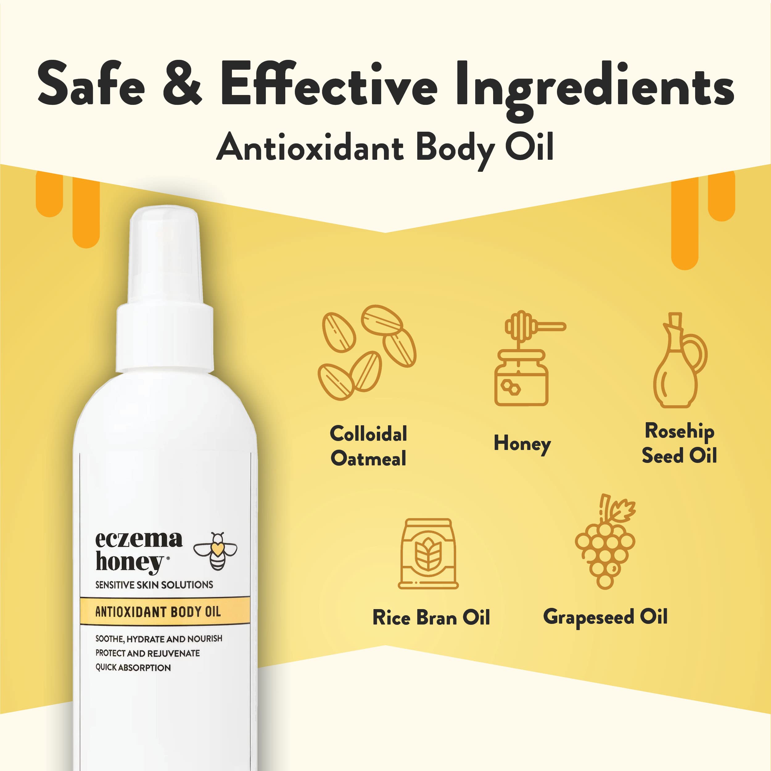 Eczema Honey Antioxidant Body Oil Spray - Unscented Moisturizing Skin Oil for Eczema-Prone & Sensitive Skin - After Shower Hydration for Women, Men & Kids (8 Fl Oz) - Perfect for Daily Skincare Routine & Post-Bath Hydration