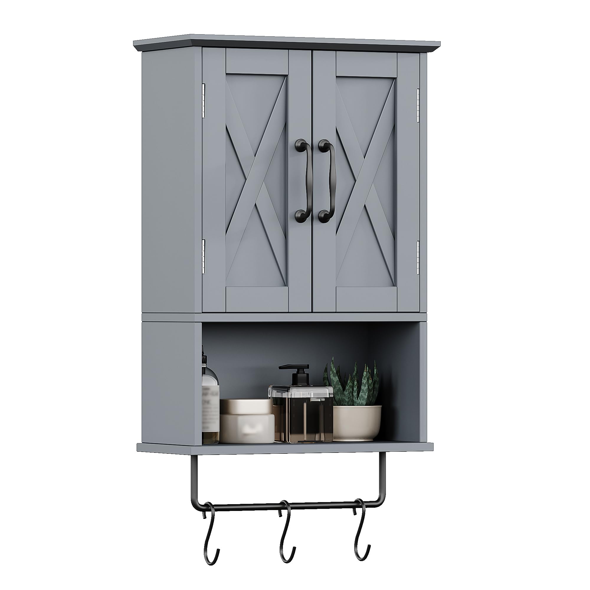 ChooChoo Farmhouse Medicine Cabinet with Adjustable Shelf & Towel Bar - Rustic Bathroom Wall Storage with 3 Hooks, Over-The-Toilet Organizer for Bathroom & Kitchen - Space-Saving Grey Cabinet for Small Bathrooms & Apartment Living