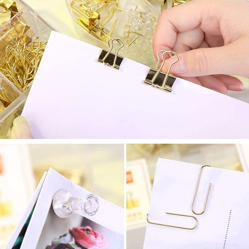 Premium Gold Paper Clips & Binder Clips Set - Assorted Metal Office Supplies with Push Pins - Elegant Desk Accessories for Organizing Documents, Photos & Notes - Perfect for Home Office, School & Workplace Organization