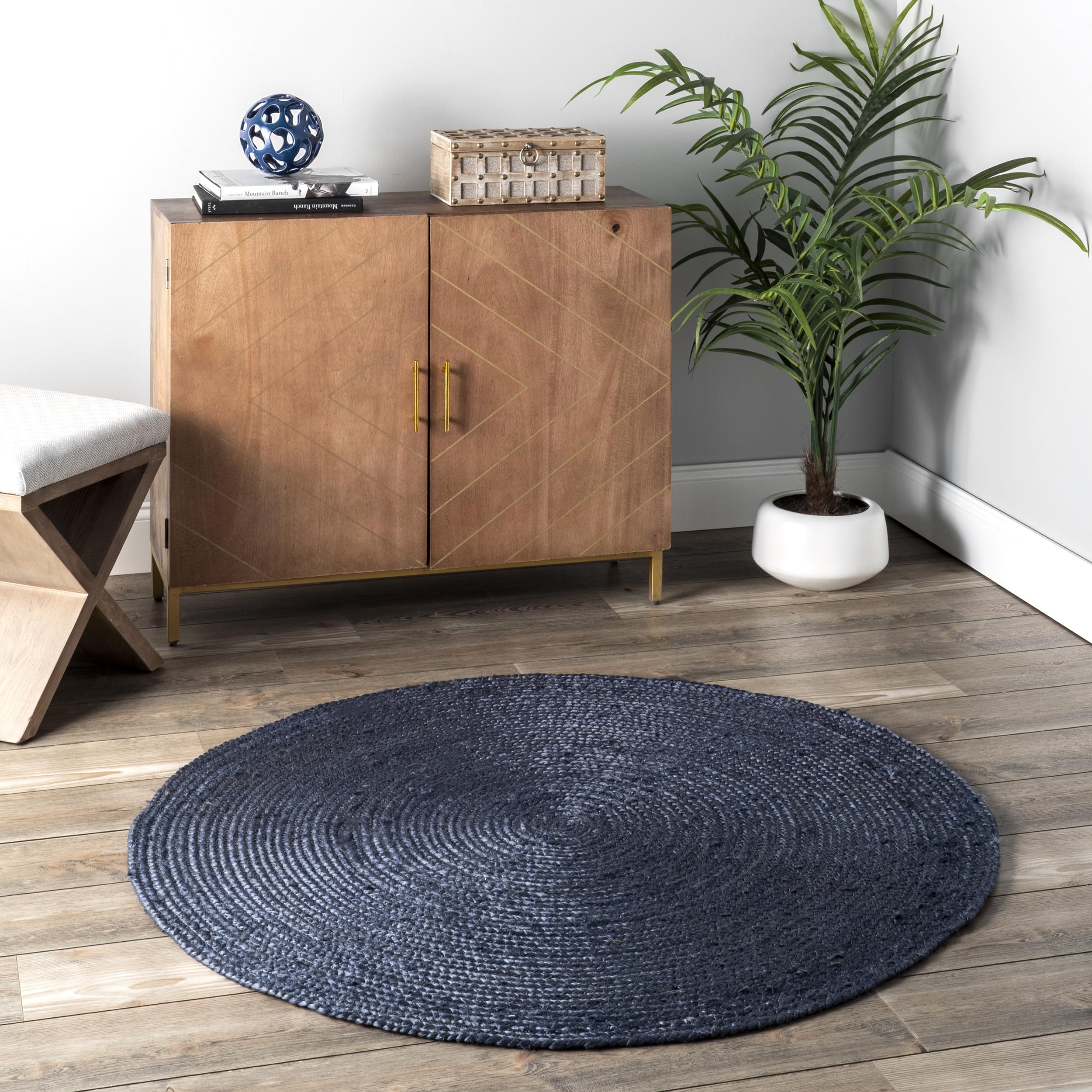nuLOOM 8' Round Rigo Jute Hand Woven Area Rug - Navy Blue Solid Farmhouse Design, Natural Fiber Rug for Bedroom, Living Room, Dining Room, Hallway, Office, Kitchen & Entryway | Perfect for Boho, Coastal & Rustic Home Decor