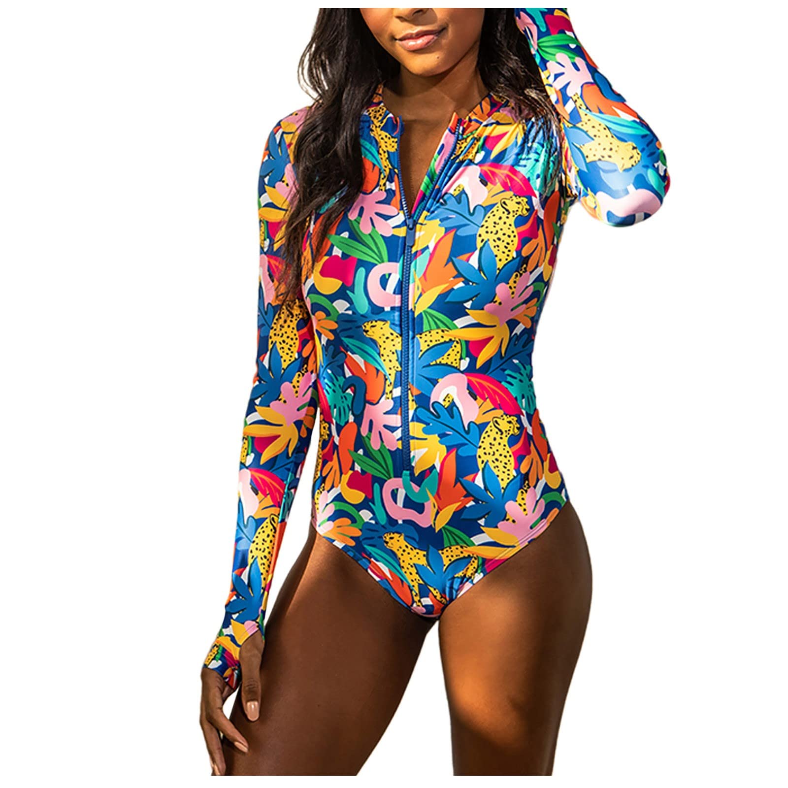 TIMEMEANS Women's Athletic One Piece Swimsuit - Zip Front, Long Sleeve, Printed Swimwear for Swimming, Surfing & Beach Activities | High Performance Bathing Suit for Active Women