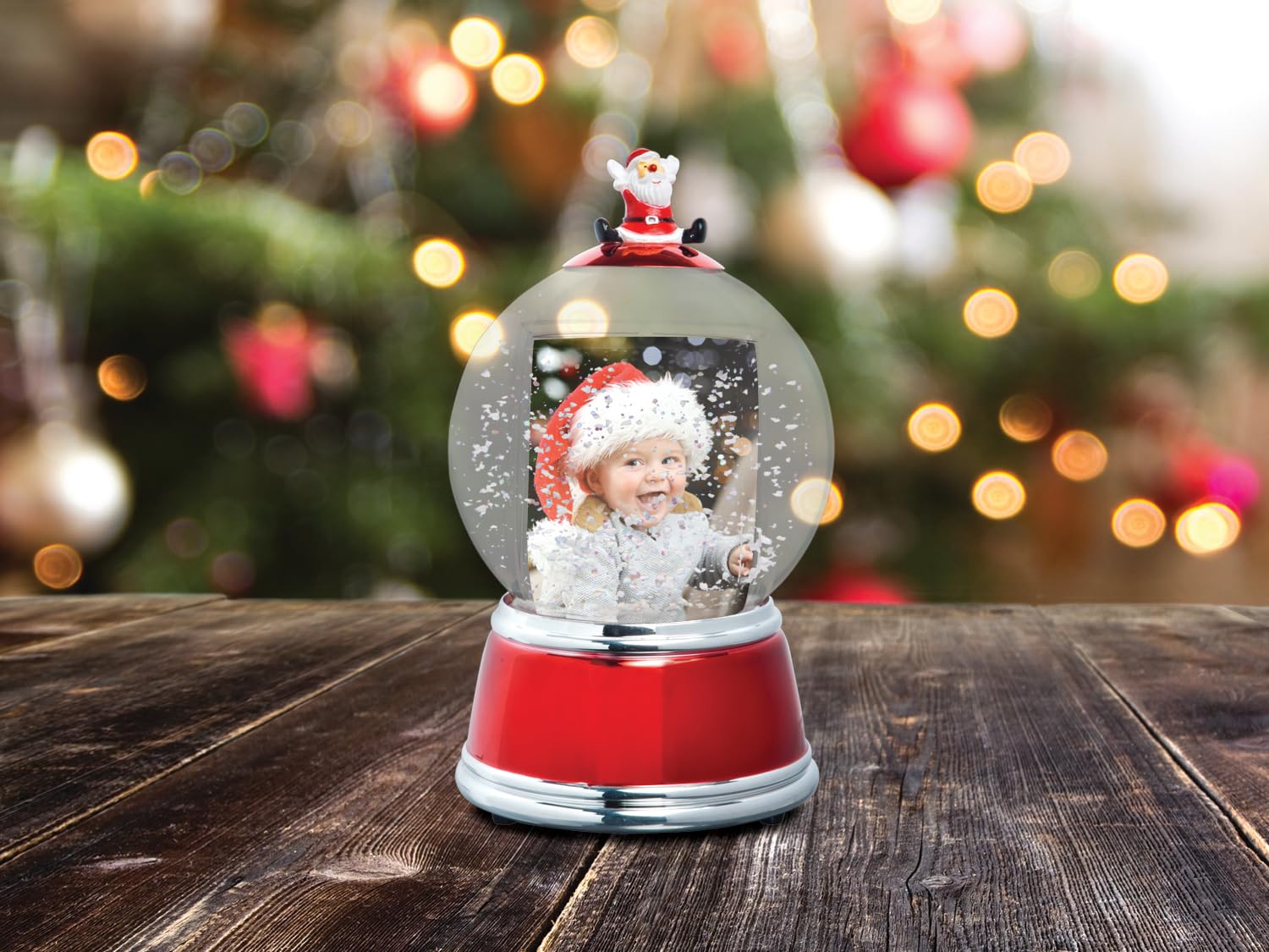 Santa Photo Snow Globe with Red and Silver Base - Christmas Decoration for Home, Office & Gift Giving | Perfect for Holiday Displays, Mantel Decor & Festive Parties