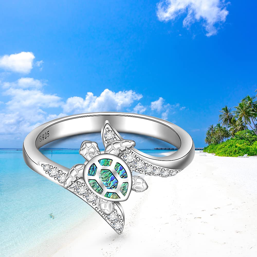 Sterling Silver Sea Turtle Ring with Abalone Shell - Ocean Wave Design for Women, Size 6-10 - Animal Jewelry, Good Luck Gift for Mother's Day & Longevity - Perfect for Beach Vacations, Boho Fashion & Spiritual Healing