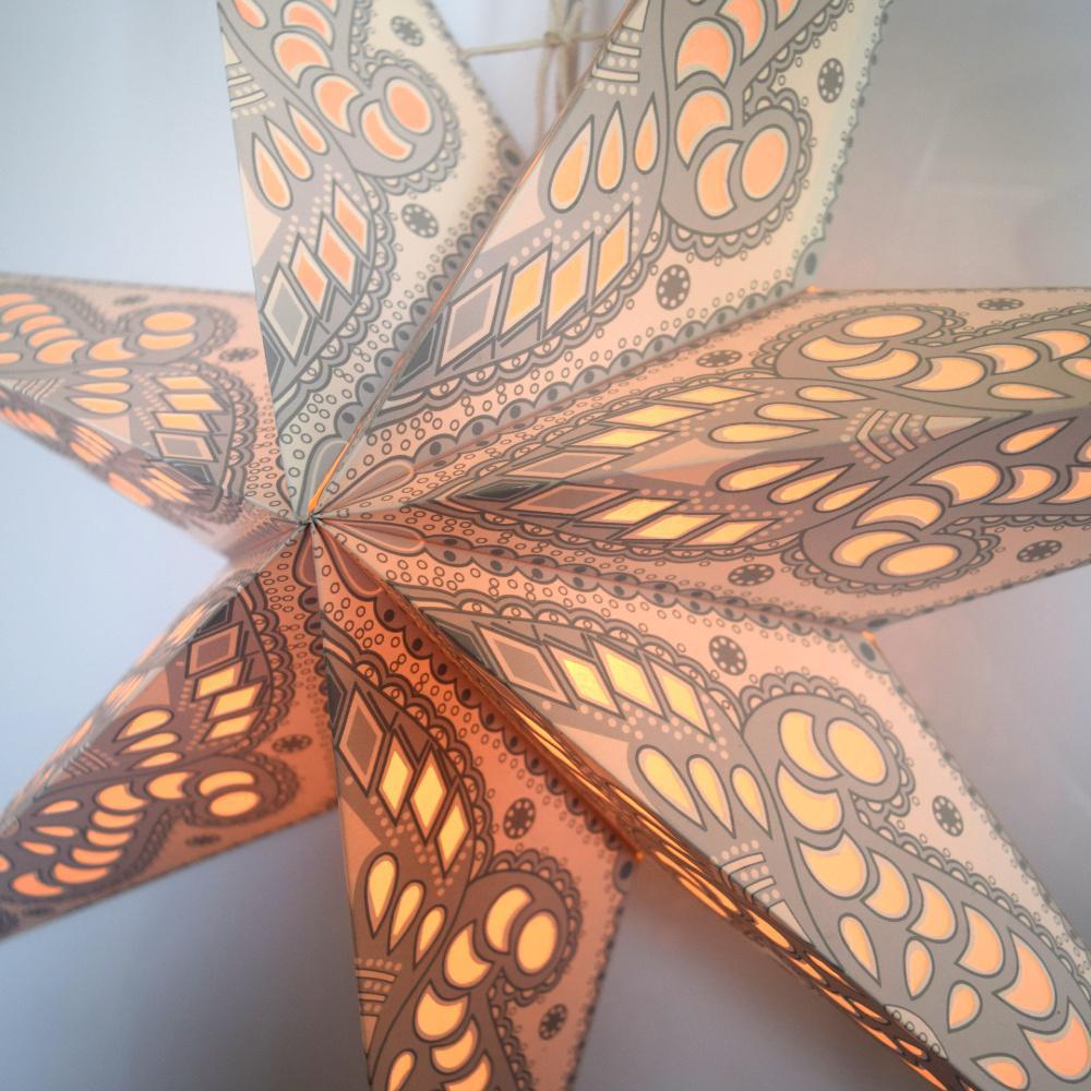 24-Pack White & Grey Peacock 7-Point Paper Star Lanterns for Hanging - Perfect for Weddings, Parties, and Home Decor