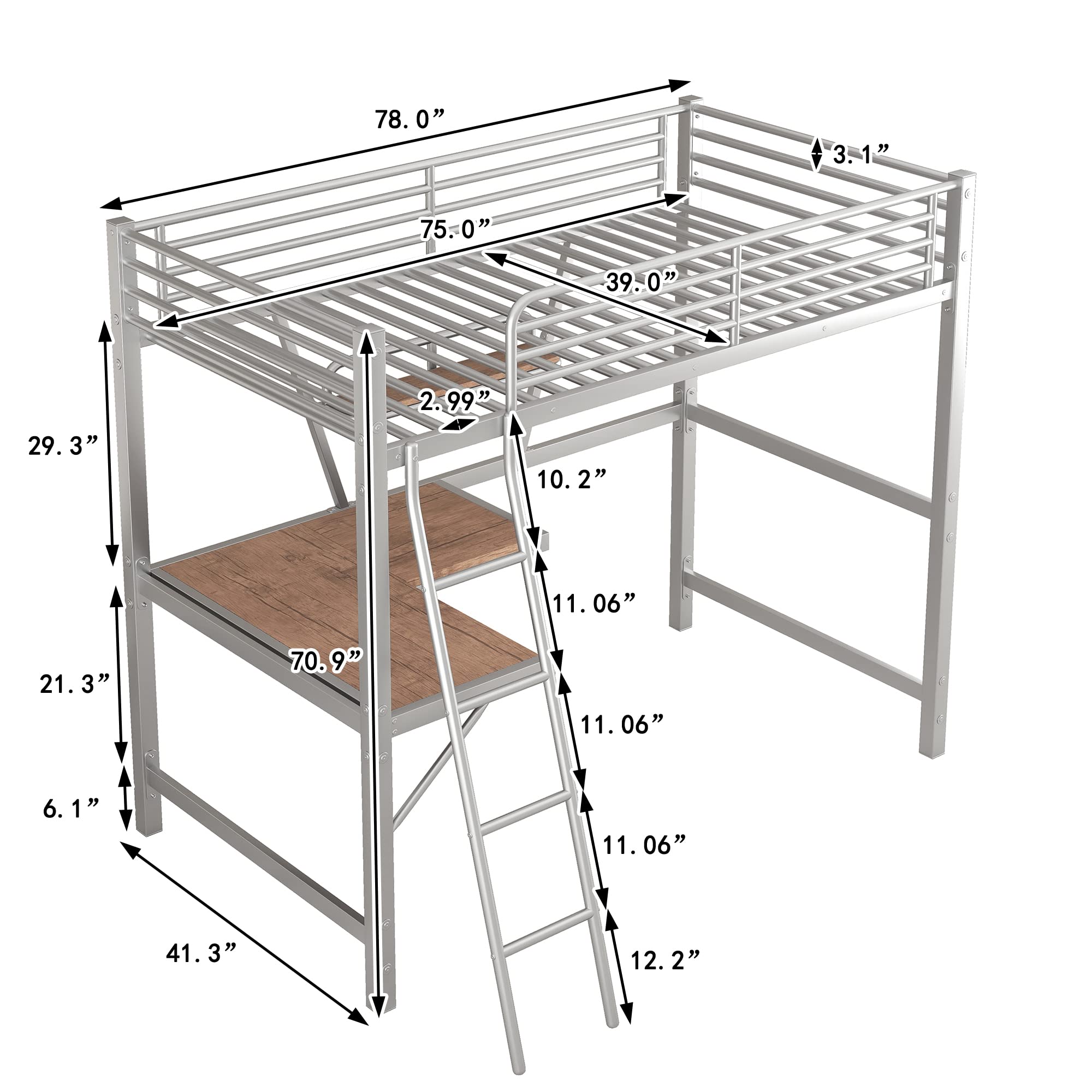 **Heavy Duty Twin Metal Loft Bed with Desk, Shelves & 2 Ladders – High Safety Guard Rails for Kids, Teens & Adults – Modern Silver Loft Bed for Small Spaces, Dorm Rooms & Apartments**