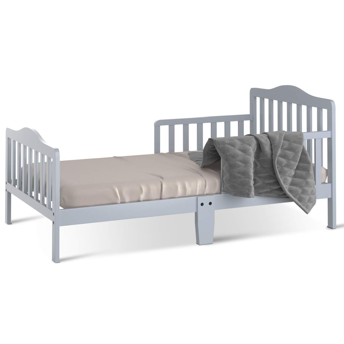 HONEY JOY Solid Rubber Wood Toddler Bed Frame with Safety Guardrail - Fits Full Size Crib Mattress (Not Included) | Classic Kids Bedroom Furniture for Boys & Girls | Perfect for Nursery, Daycare or Children's Bedroom (Gray)