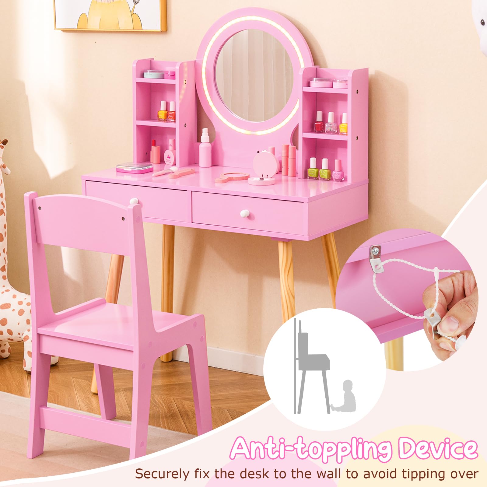 Costzon Pink Wooden Kids Vanity Set with Mirror, Stool, Lights & Storage - Toddler Makeup Dressing Table for Pretend Play, Birthday Gifts for Girls - Perfect for Bedroom Decor & Role Play Activities
