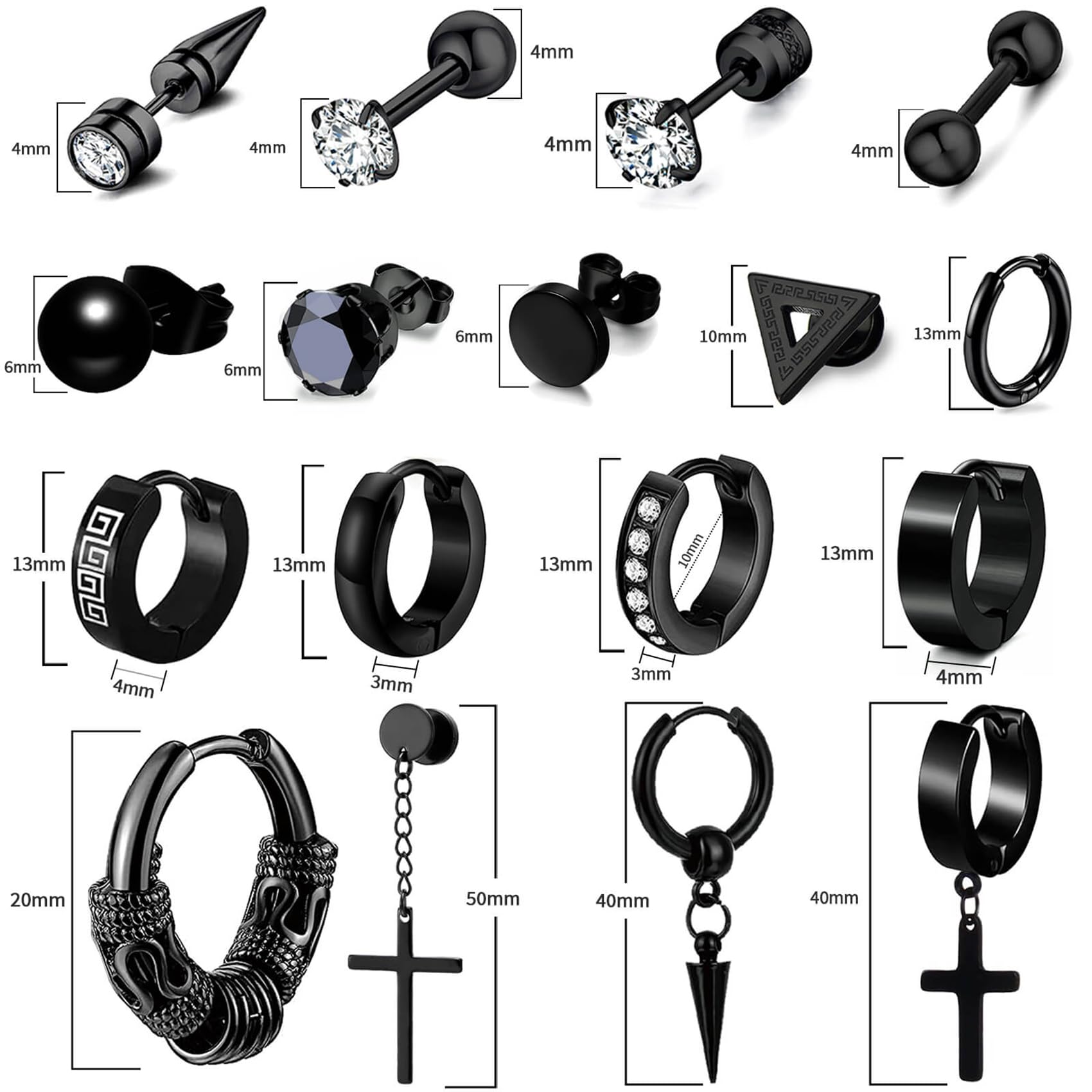 17 Pairs Stainless Steel Earrings for Men - Hypoallergenic Cross, Dangle & Hoop Earrings Set for Sensitive Skin - Fashion Jewelry with Long-Lasting Shine - Perfect for Gifts, Parties & Everyday Wear