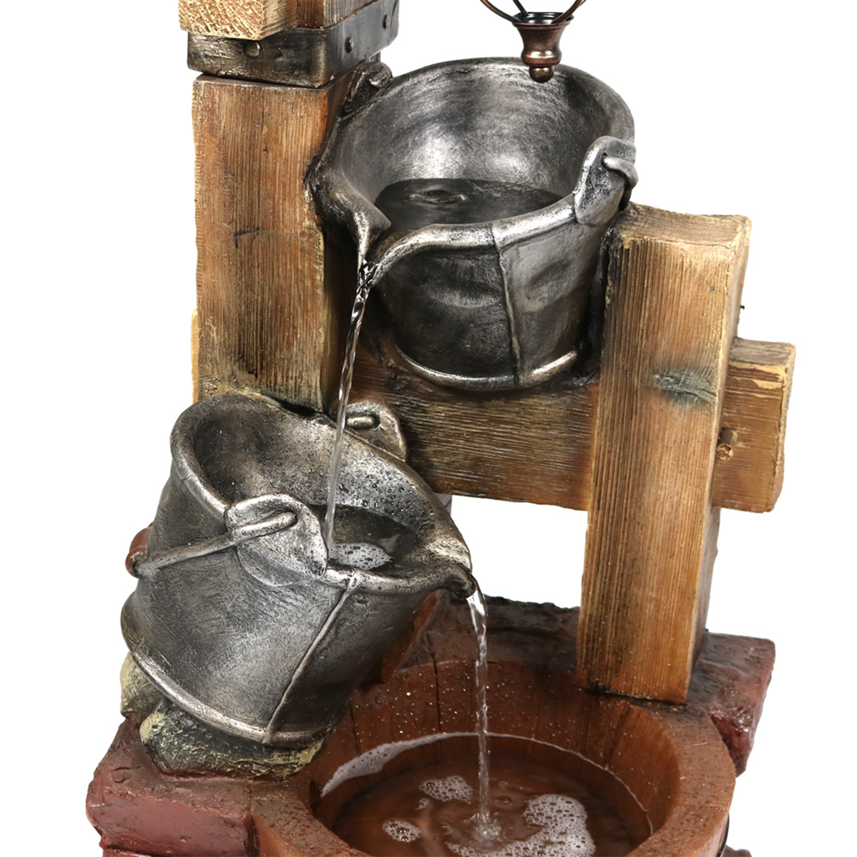 Sunnydaze Rustic Pouring Buckets Outdoor Fountain with Solar Lantern - 34 Inch Garden Water Feature for Patio, Yard & Landscaping Decor