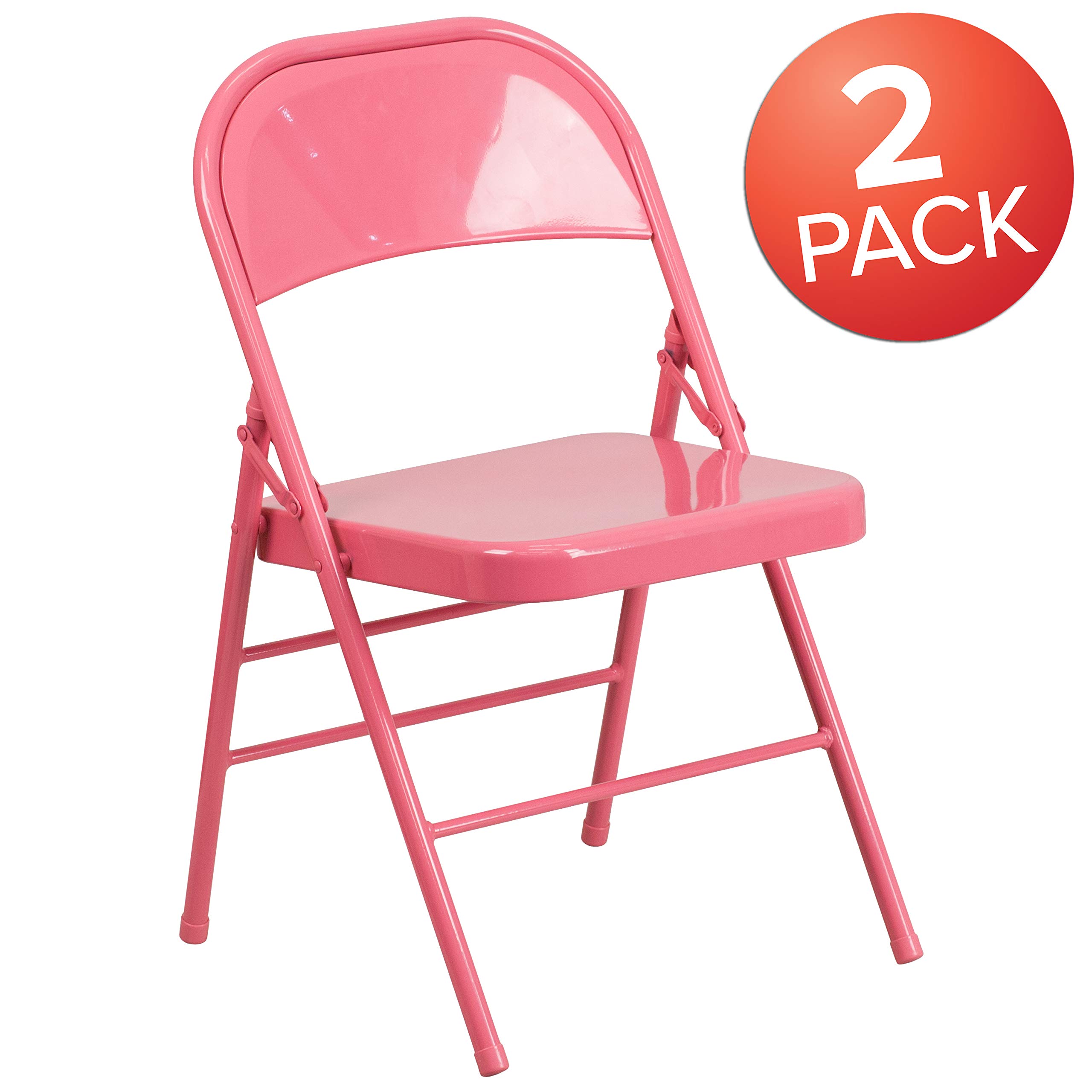 Flash Furniture 2-Pack HERCULES COLORBURST Series Bubblegum Pink Metal Folding Chairs - Heavy Duty Triple Braced & Double Hinged for Indoor/Outdoor Events, Parties, Weddings & Camping