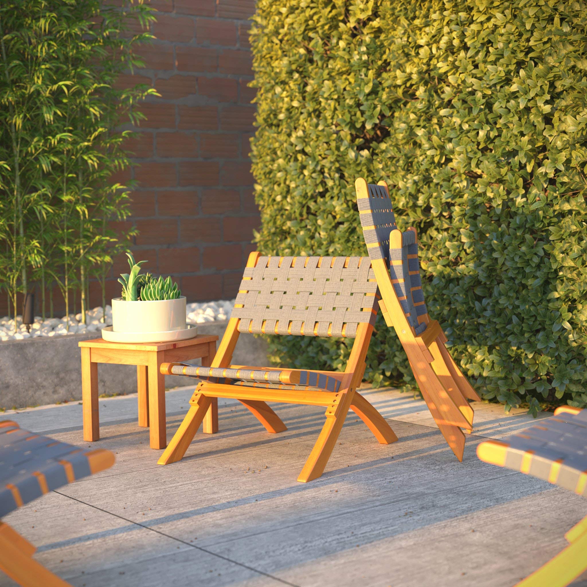 Patio Sense 63637 Sava Folding Chair - Solid Acacia Wood with Woven Seat & Back - Indoor Outdoor Portable Seating for Porch, Lawn, Garden, Fishing & Sporting Events - Gray Webbing - Perfect for Camping, Picnics, and Backyard Relaxation