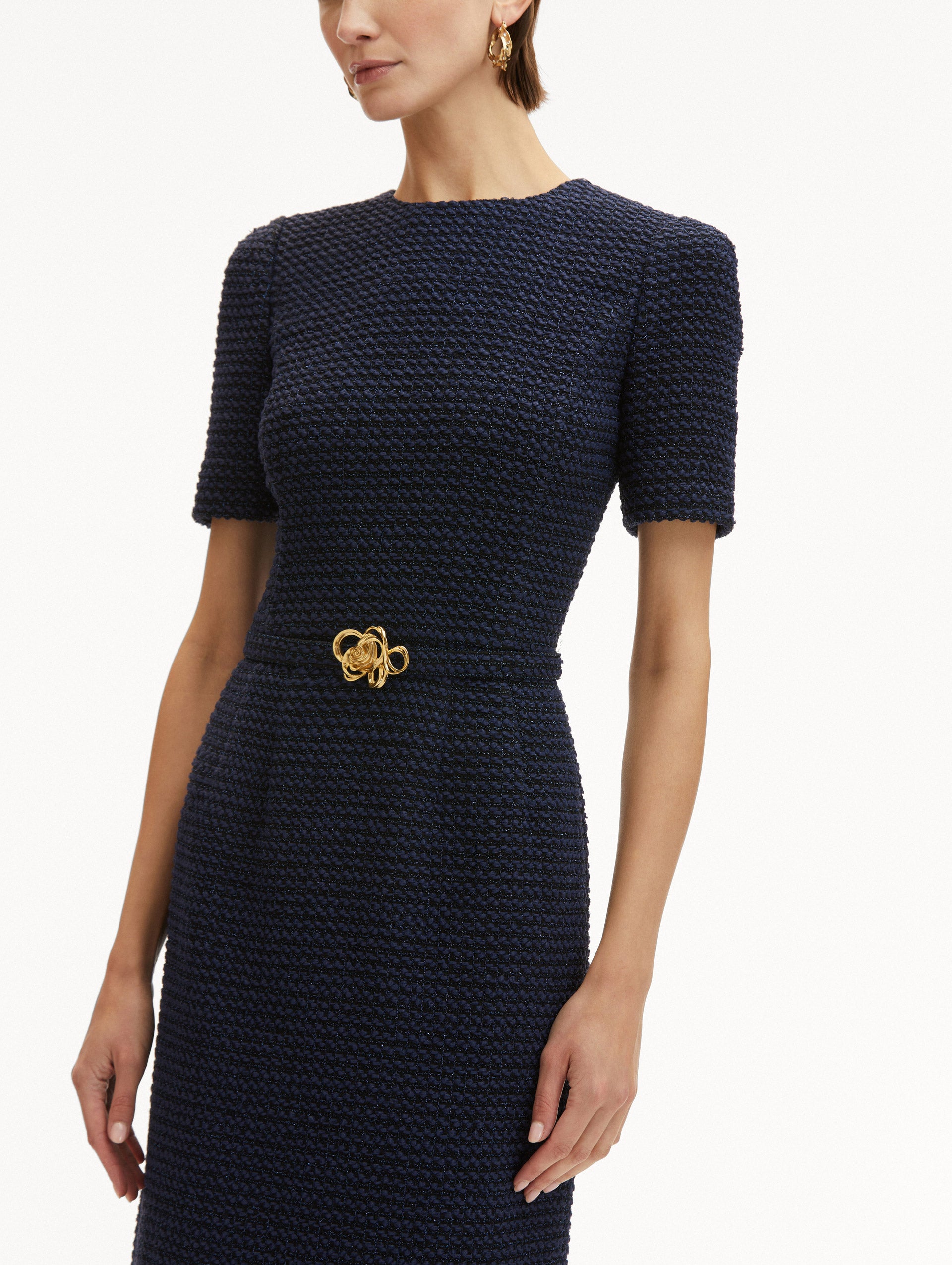 Elegant Lurex Check Tweed Pencil Dress for Women - Office, Cocktail & Party Wear - Slim Fit Formal Dress with Metallic Thread Details