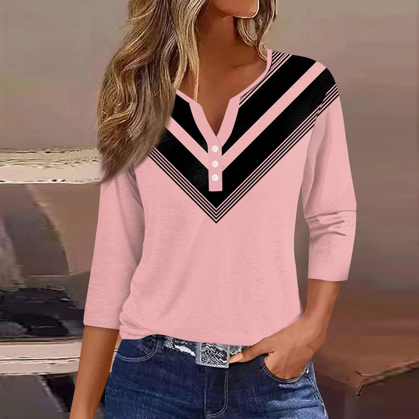 YUTANRAL Women's 3/4 Sleeve V-Neck Button Tunic Top - 2024 Trendy Casual Summer Blouse for Work & Weekend | Breathable Comfort for Office, Date Night & Outdoor Activities