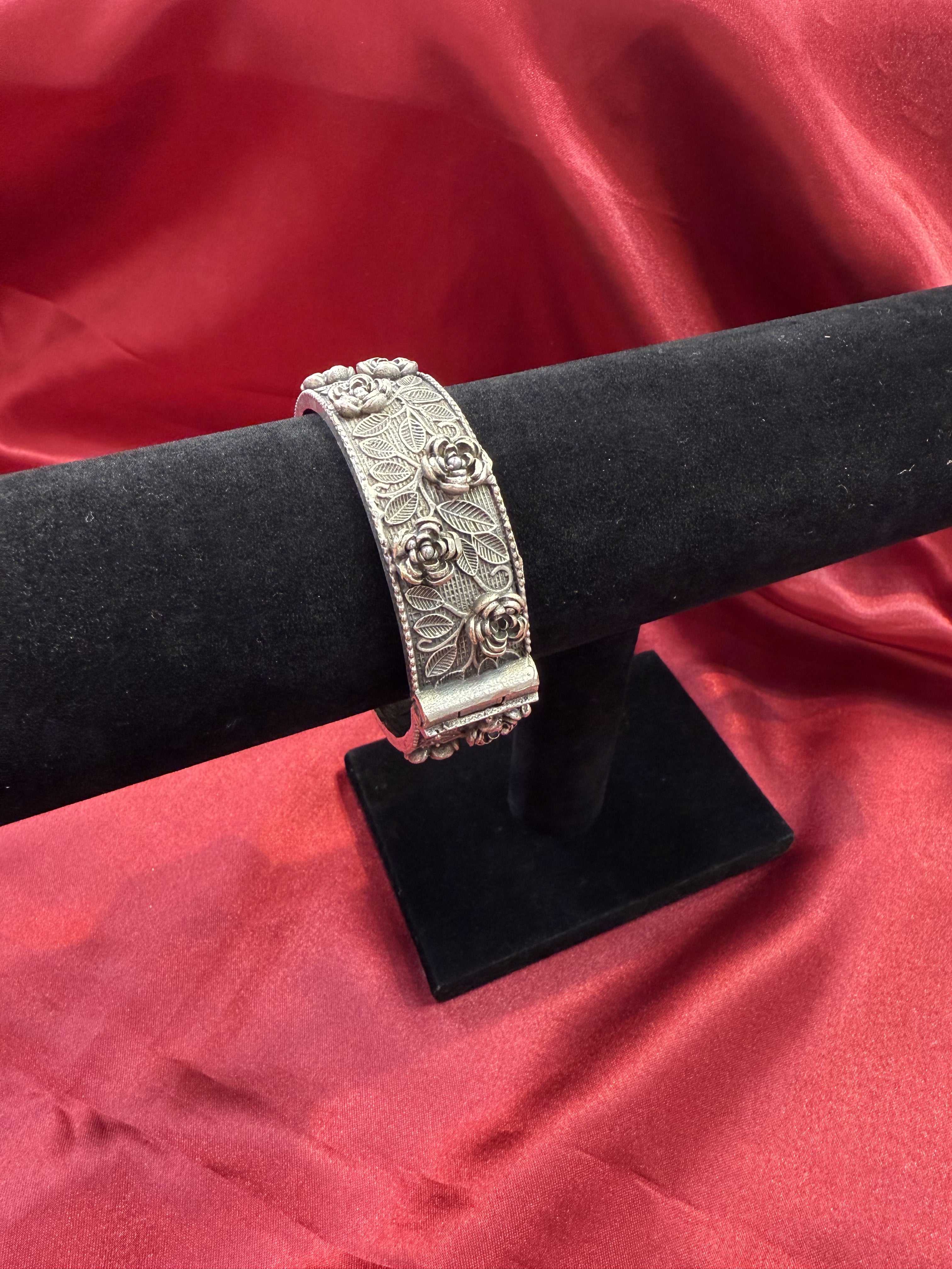 Tribal Oxidized Silver Ethnic Open Flower Design Kada Cuff Bracelet for Women - Boho Chic Handmade Jewelry for Festival, Wedding & Everyday Wear