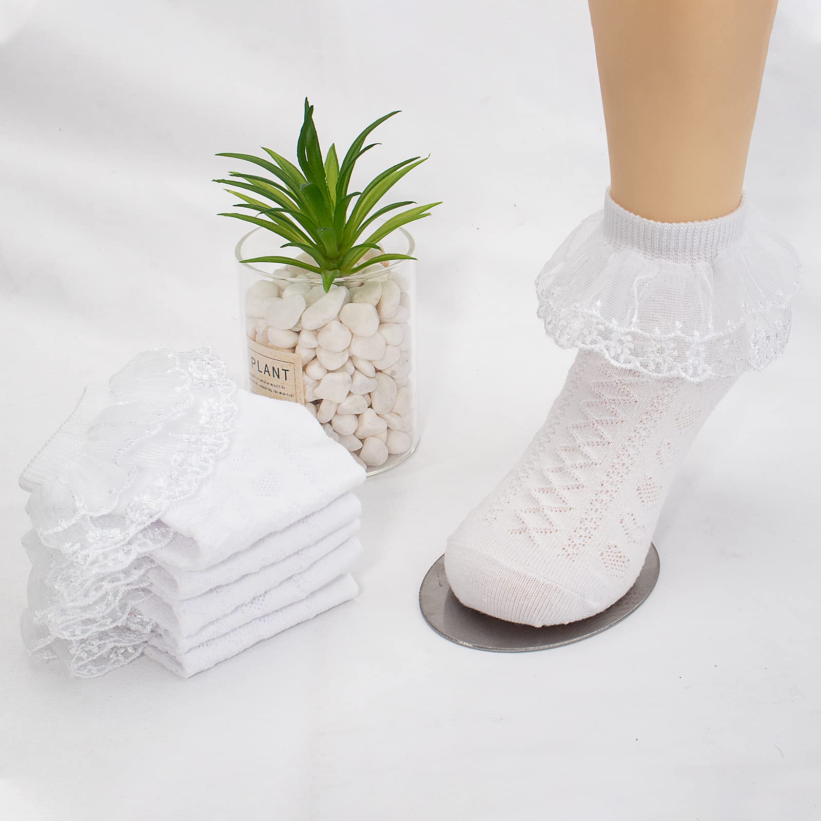 5 Pairs Toddler Baby Girls Ruffle Lace Socks - Eyelet Mesh Cotton Frilly Ankle Soft Dress Socks for Kids 2-13T - Perfect for Princess Costumes, Parties & Special Occasions