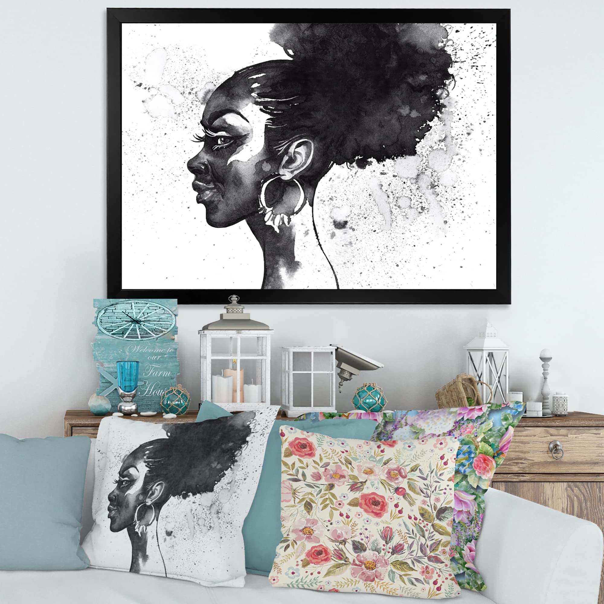 DesignQ Black and White Portrait of African American Woman - Modern Framed Wall Art for Living Room, Bedroom & Office Decor