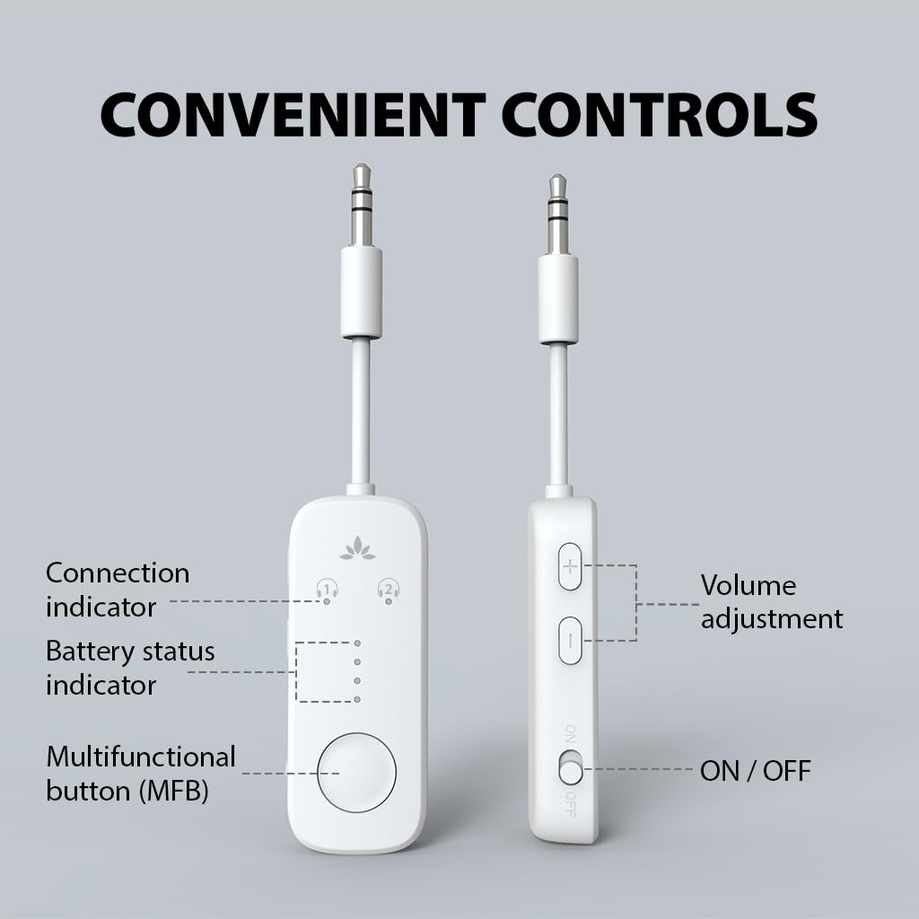 Avantree Relay - Premium Bluetooth 5.3 Adapter for Airplanes, Wireless Audio Transmitter with aptX Adaptive, Dual Pairing for 2 AirPods/Headphones, 3.5mm AUX Jack - Perfect for In-Flight Entertainment, Travel & Home TV Use (White)