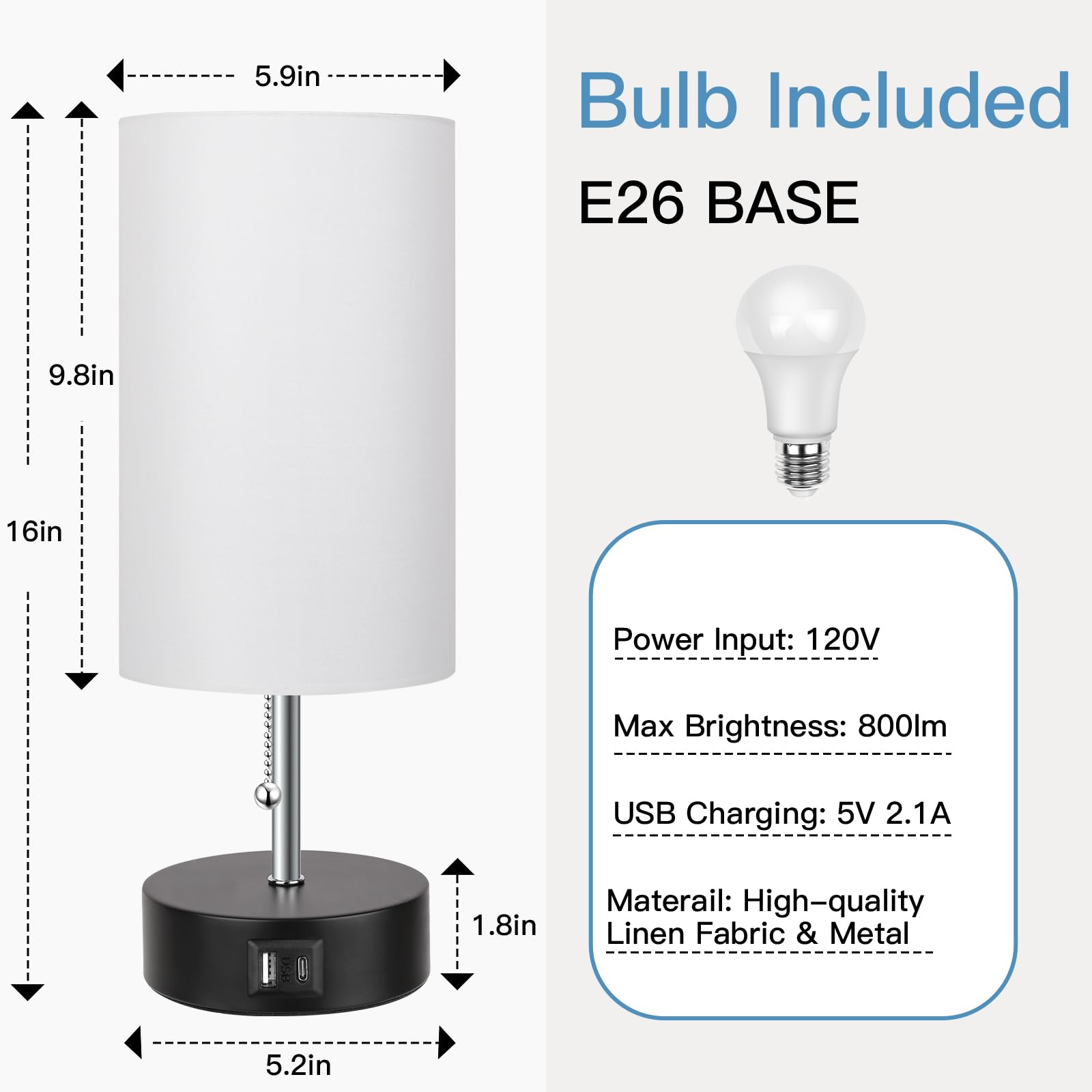 ROTTOGOON 3-Color Adjustable Table Lamp with USB A & C Ports, LED Bedside Nightstand Lamp for Bedroom, Living Room, Office, and Study Desk (White)