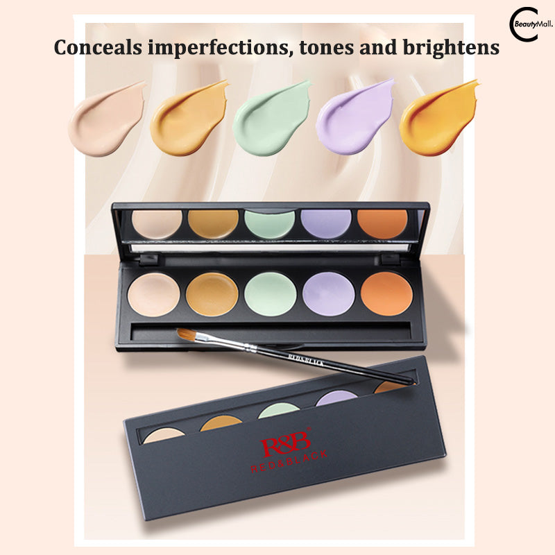 Red & Black 5-Color Concealer Palette - Full Coverage Makeup for Dark Circles, Blemishes & Contouring - Perfect for Everyday Use & Professional Makeup Artists