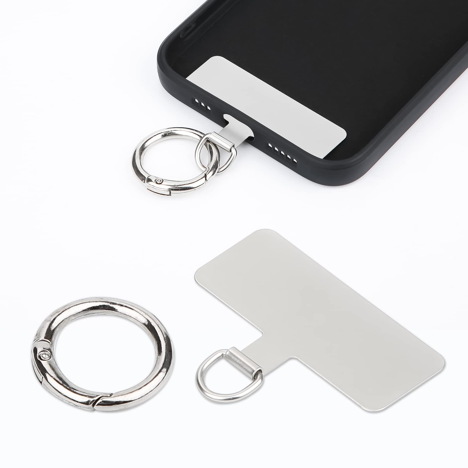 Universal Metal Phone Tether with Spring Ring - No Adhesive Phone Lanyard for Secure Carry (Silver)