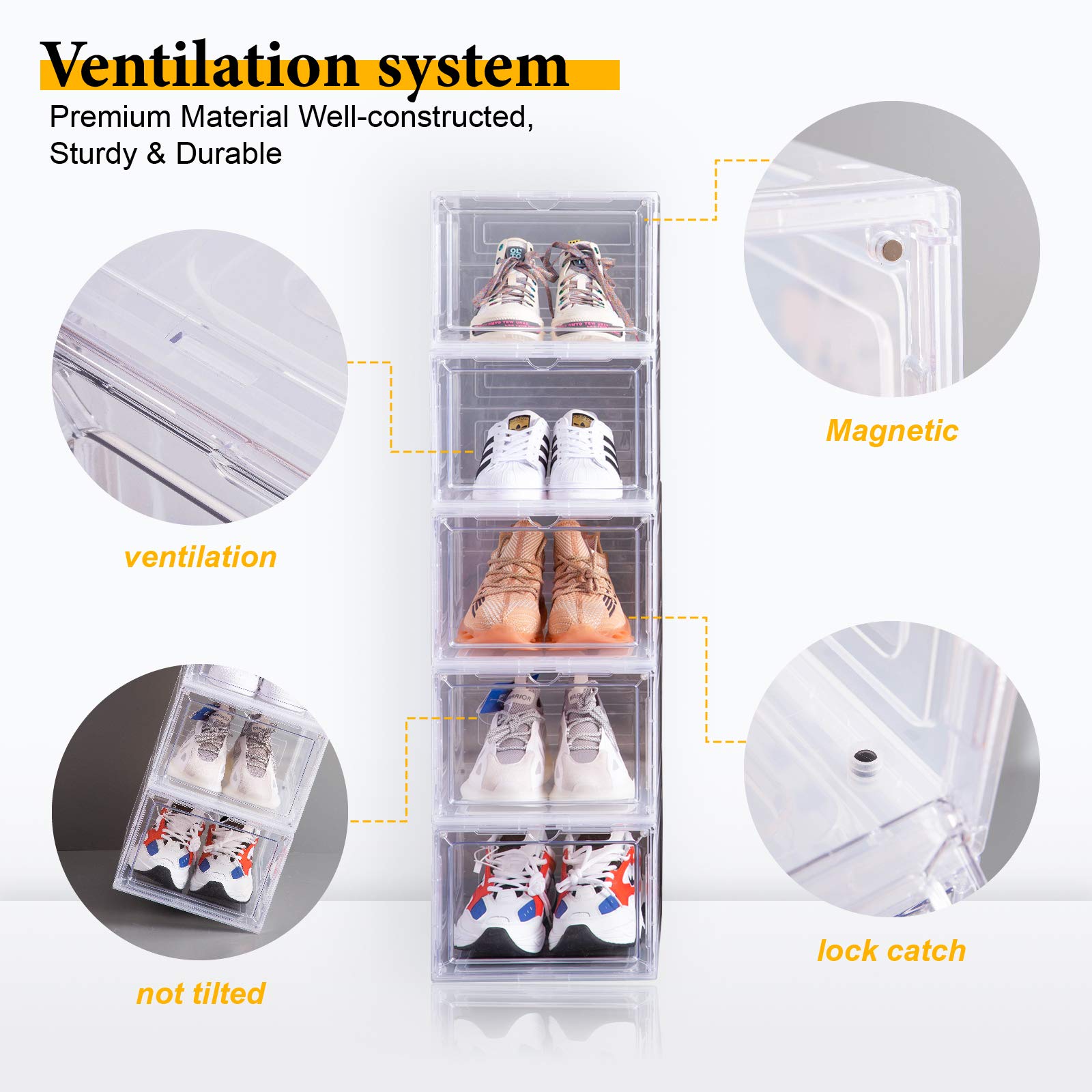 Clear Plastic Stackable Shoe Storage Boxes with Magnetic Door - 8 Pack Thick Sturdy Drop Front Shoe Organizer for Sneakers Display - Easy Assembly Extra Large White - Perfect for Closet Organization & Sneaker Collection Display