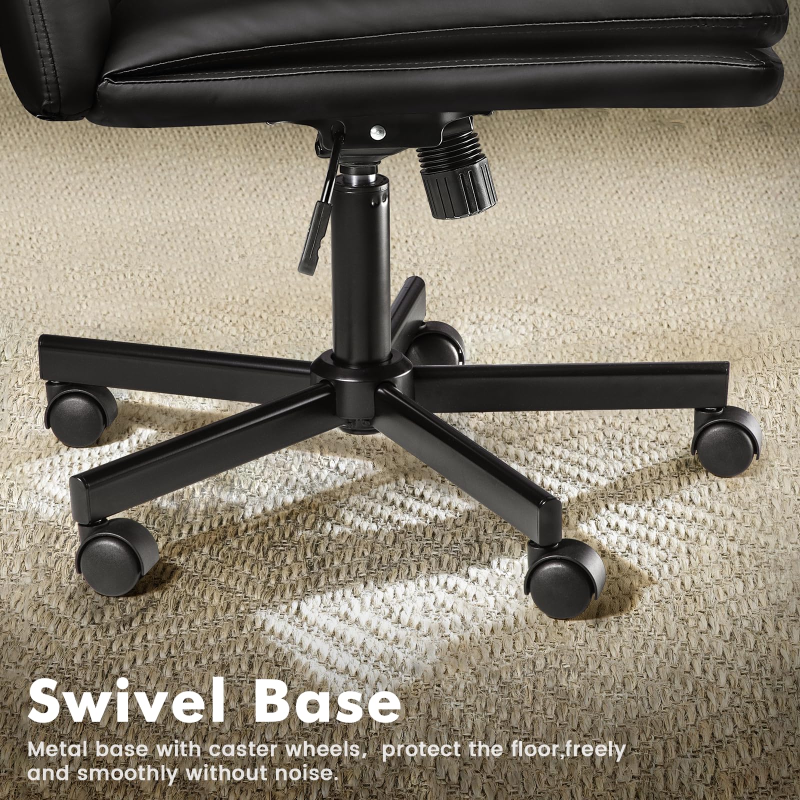LEMBERI Armless Office Desk Chair with Wheels - Faux Leather Cross Legged Wide Swivel Chair, Mid Back Computer Task Chair for Home Office, Small Space, Bedroom - Ergonomic Comfort for Work, Study & Makeup (Black)