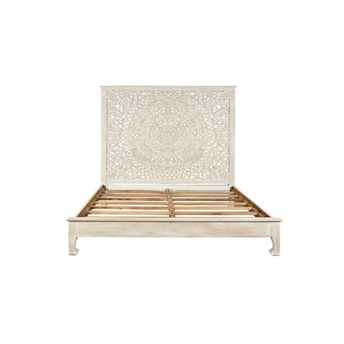 Dynasty Hand Carved Solid Wood Low Profile Standard Bed Frame - White Queen Size | Modern Minimalist Bedroom Furniture for Small Spaces & Loft Apartments