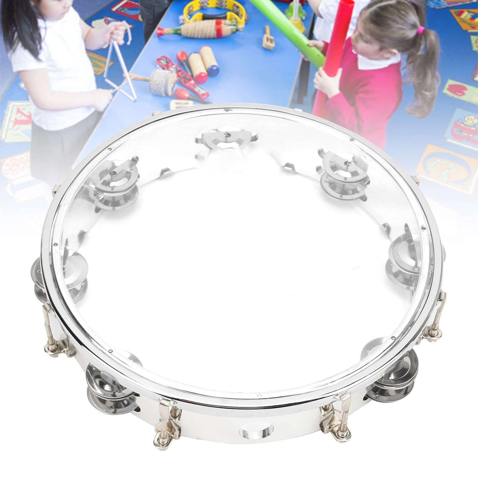 10 Inch Professional Tambourine for Adults - Double Row Metal Jingles Handheld Percussion Instrument with Clear Acrylic Head - Perfect for Music Education, Classroom, Church Worship & Live Performances