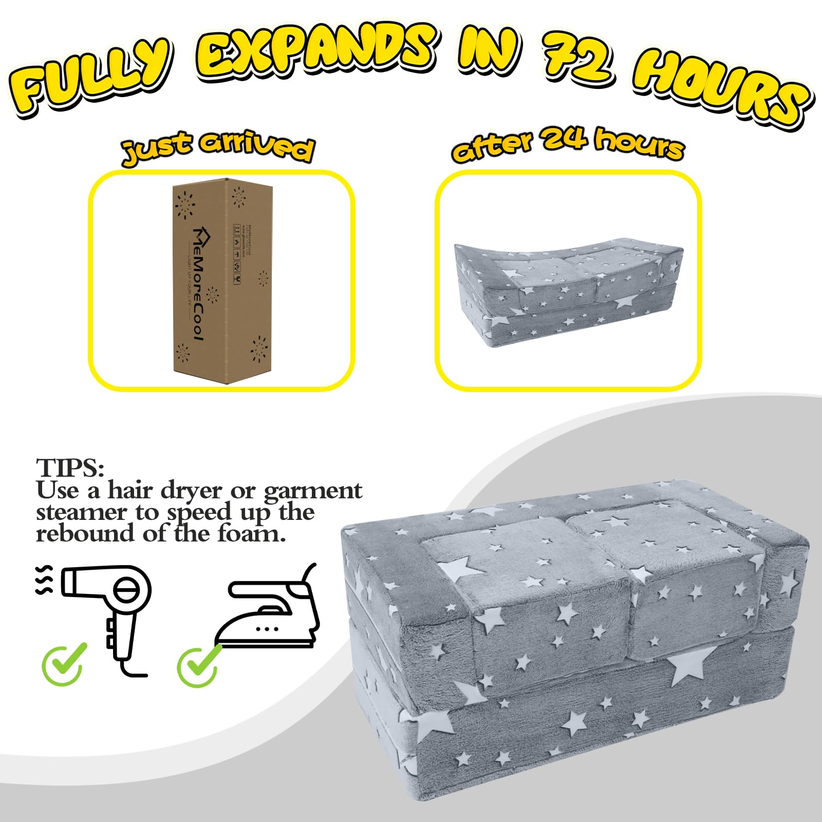 MeMoreCool Modular Kids Play Couch Sofa with Glow in The Dark Stars - Foldable Toddler Couch for Playroom, Nursery & Bedroom - Soft Grey Children's Furniture for Reading, Playtime & Relaxation