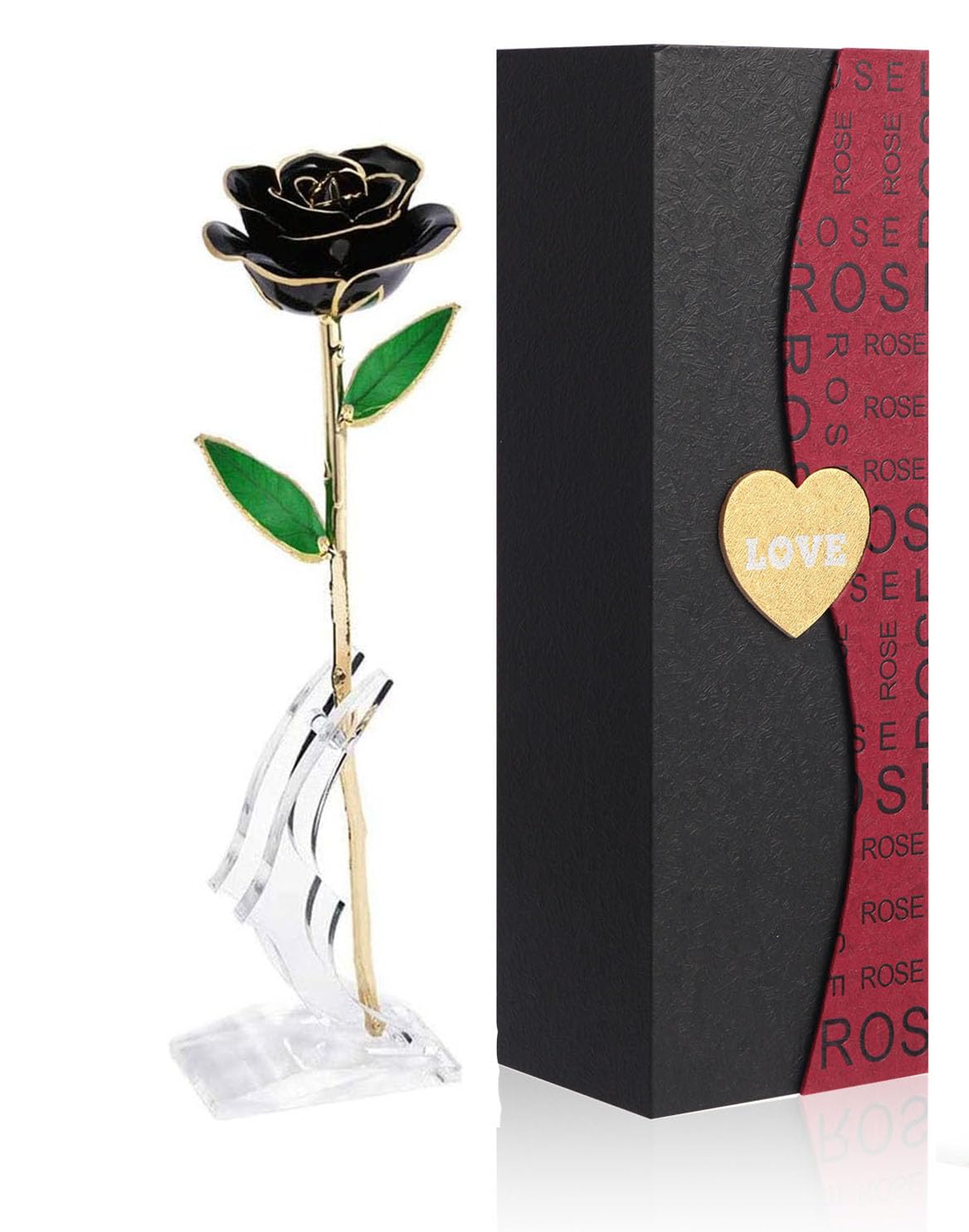 24K Gold Dipped Black Rose - Long Stem Artificial Flower with Transparent Stand & Gift Box, Elegant Home Decor, Perfect Gift for Mom, Wife, Valentine's Day, Anniversary & Thanksgiving (Wedding Centerpiece, Romantic Proposal, Luxury Home Decoration)