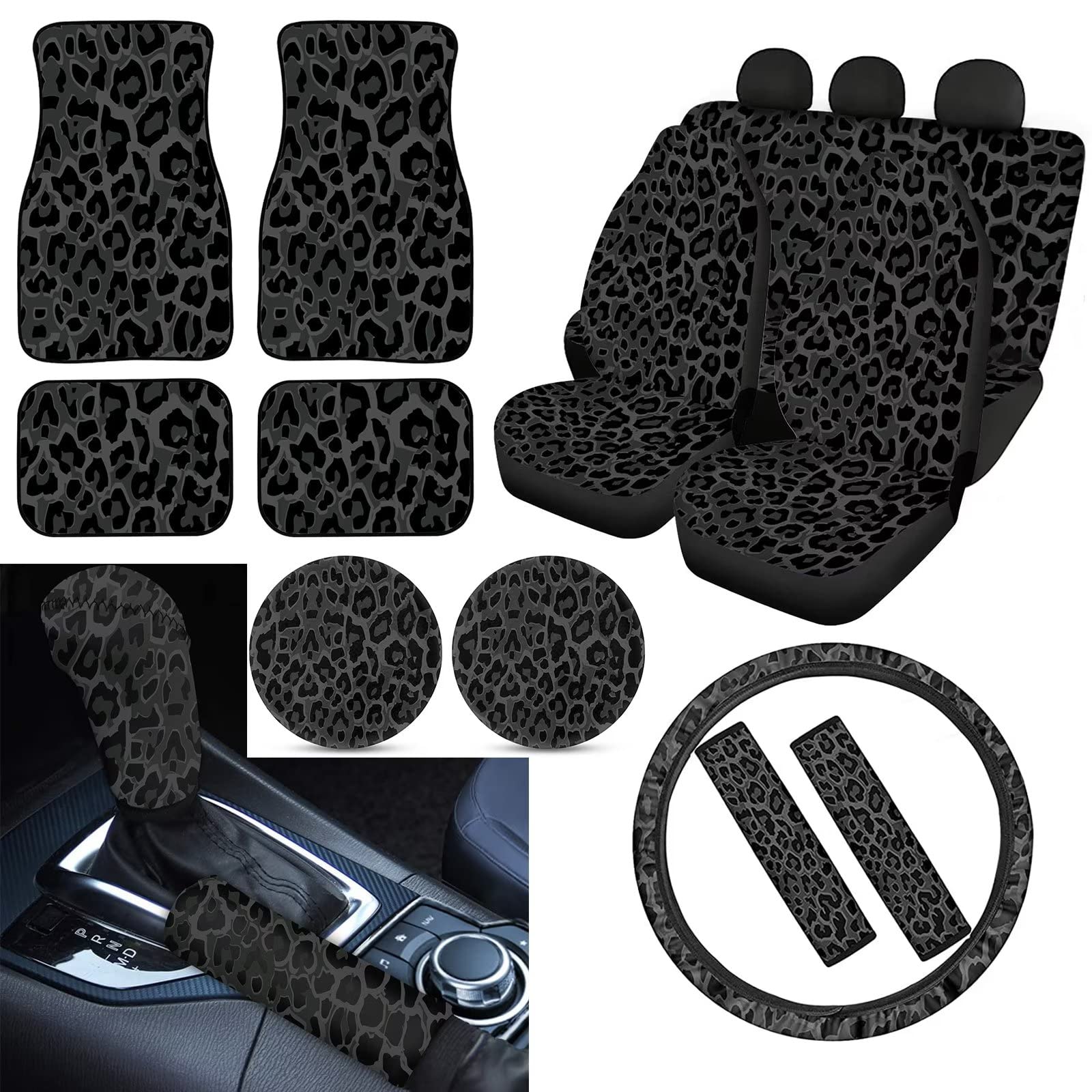 Premium Black Leopard Print Car Seat Covers Full Set - 15pcs Universal Fit with Floor Mats, Steering Wheel Cover & Accessories | Perfect for SUVs, Trucks & Sedans | Stylish Protection & Comfort Upgrade