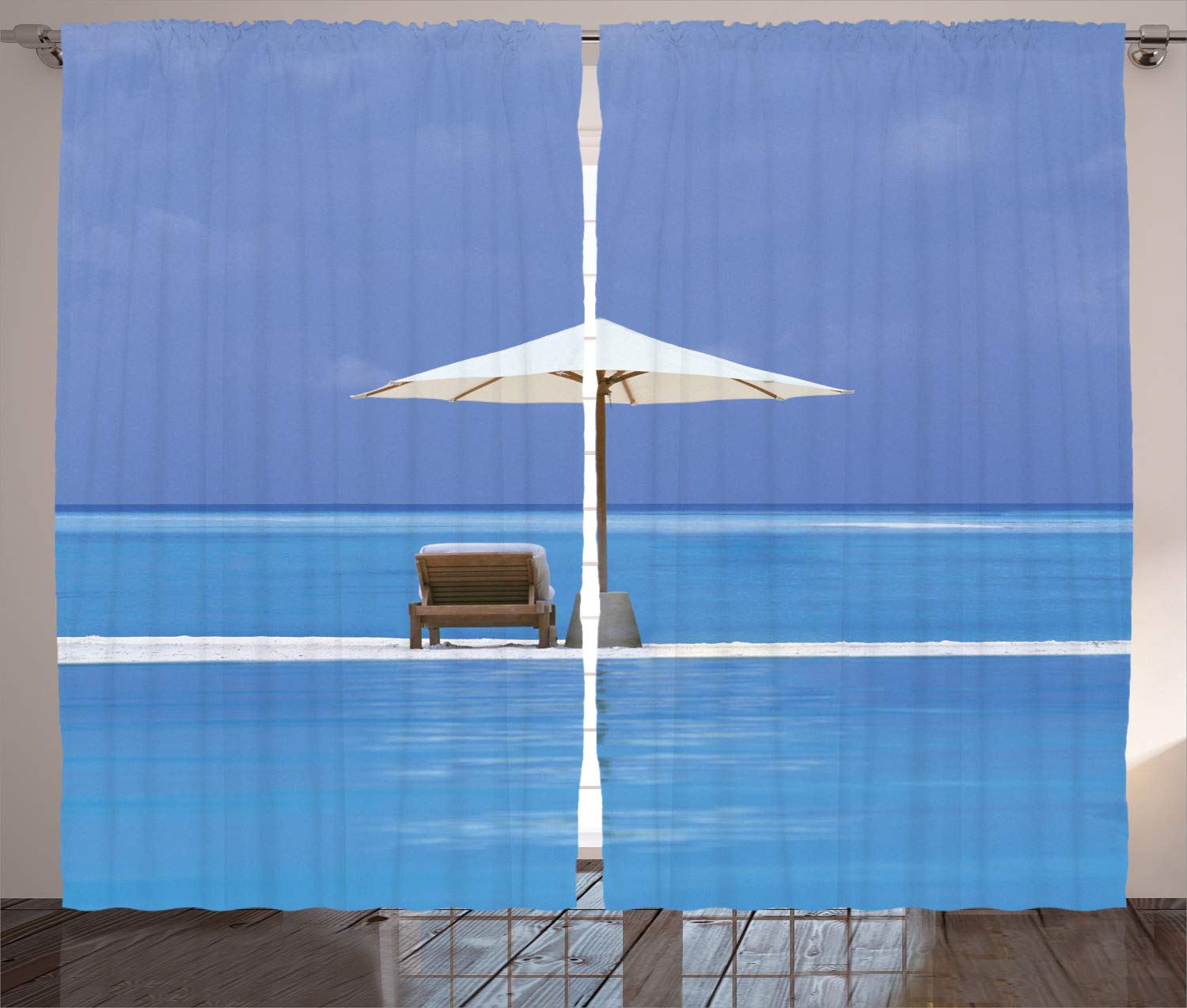 Ambesonne Coastal Curtains - Ocean Seascape with Beach Chairs & Umbrella Print, 2-Panel Window Drapes for Living Room & Bedroom, 108x84 Inches, Blue & Beige - Perfect for Beach House Decor & Coastal Themed Interiors