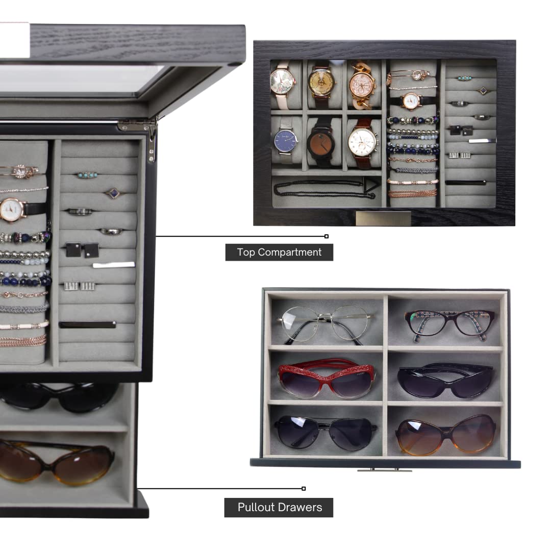Premium Unisex Black Wooden Valet Tray - Sunglasses & Jewelry Organizer Box for Dresser, Nightstand, and Entryway Storage