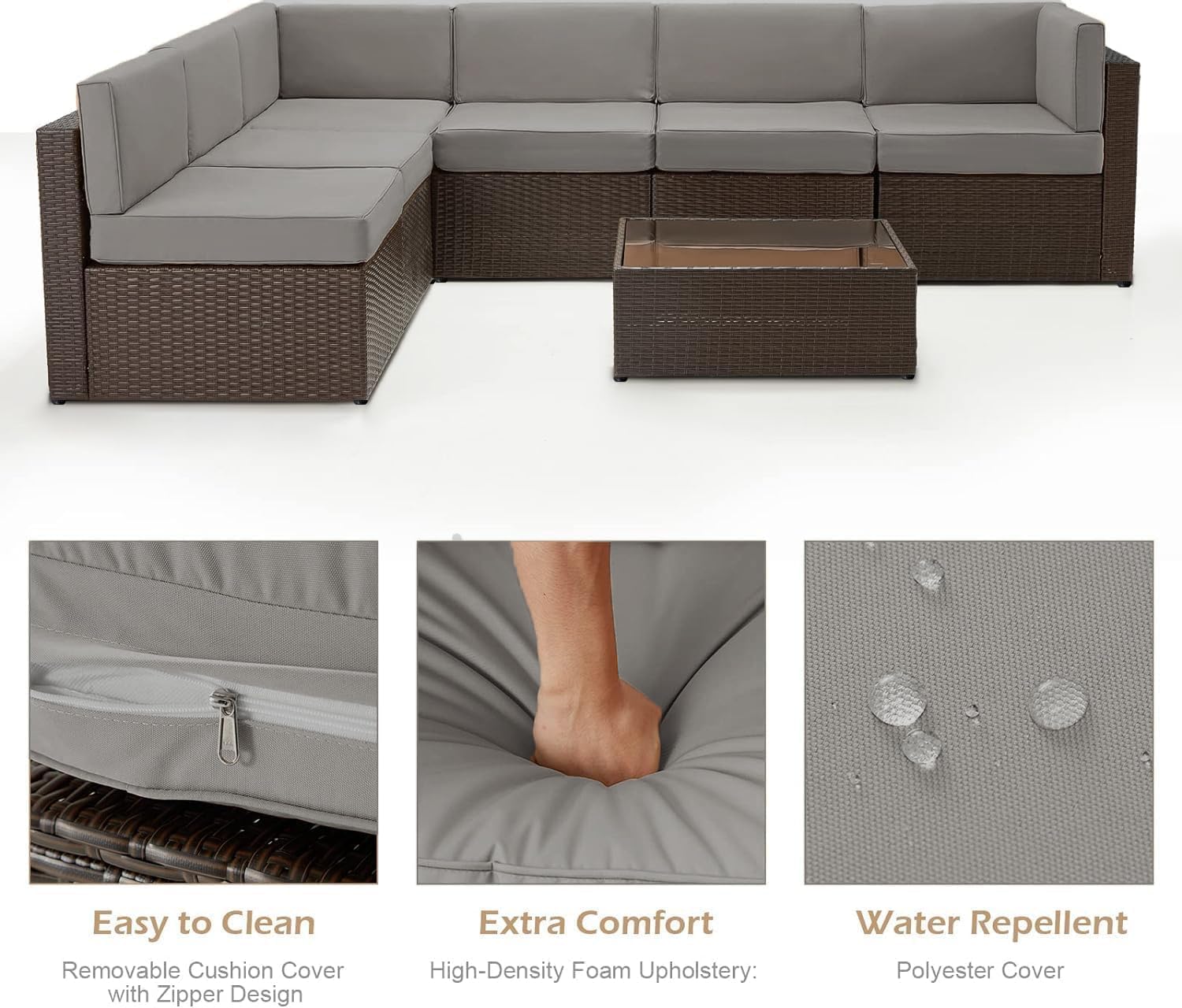U-MAX 7-Piece PE Rattan Patio Furniture Set with Cushions & Coffee Table - Brown Wicker Sectional Sofa & Dark Grey Cushions for Outdoor Garden, Backyard, Poolside & Balcony Decor