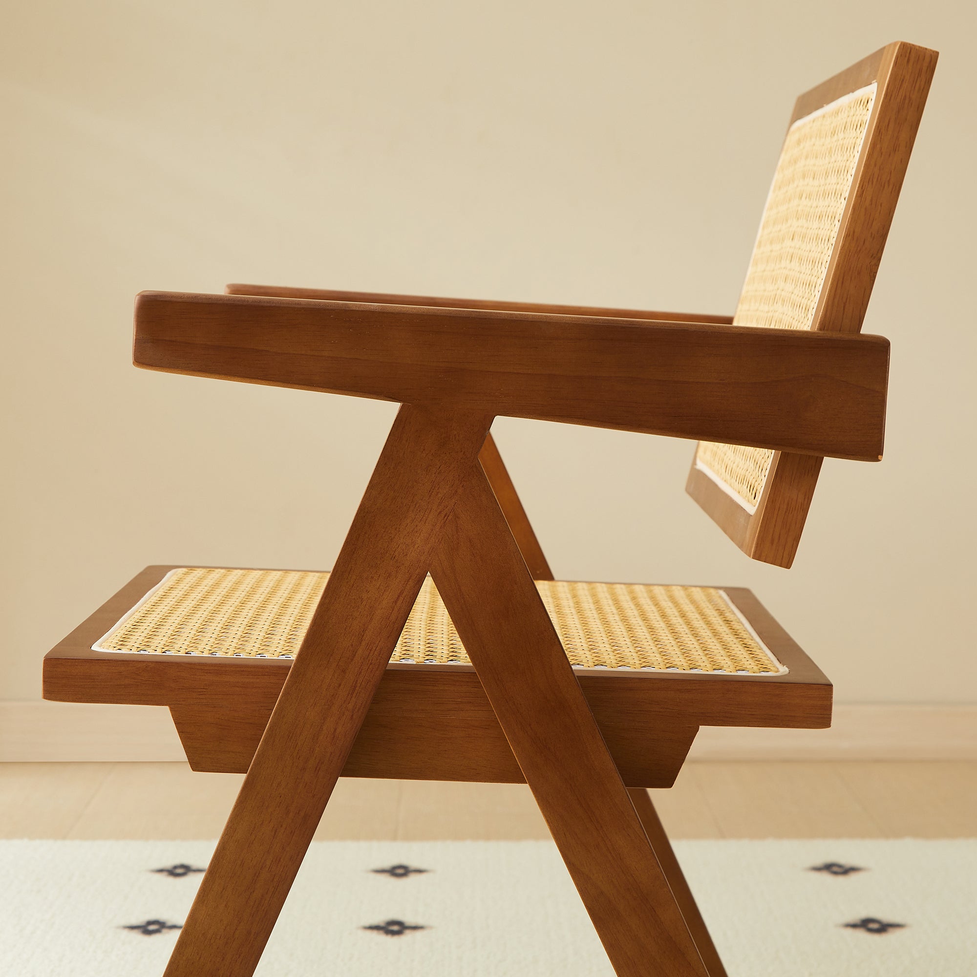 Solid Wood Dining Chairs with Armrests - Natural Rubber Wood & Rattan Woven Design for Kitchen, Dining Room, or Outdoor Patio