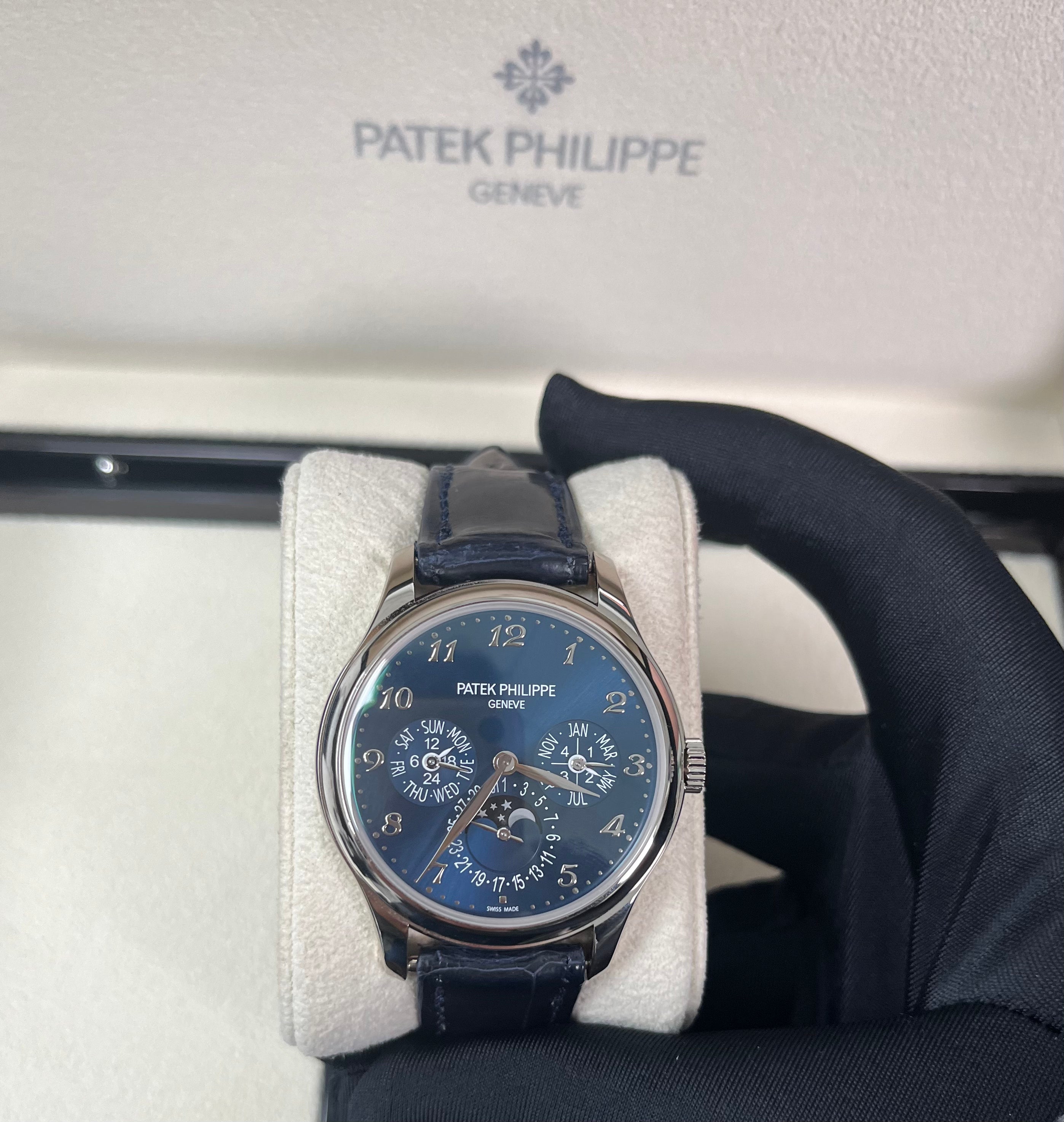 Patek Philippe Grand Complications Perpetual Calendar Moon Phase Watch - 18K White Gold Case, Royal Blue Dial & Alligator Leather Strap (Ref#5327G-001) | Luxury Dress Watch for Formal Occasions & Collector's Item
