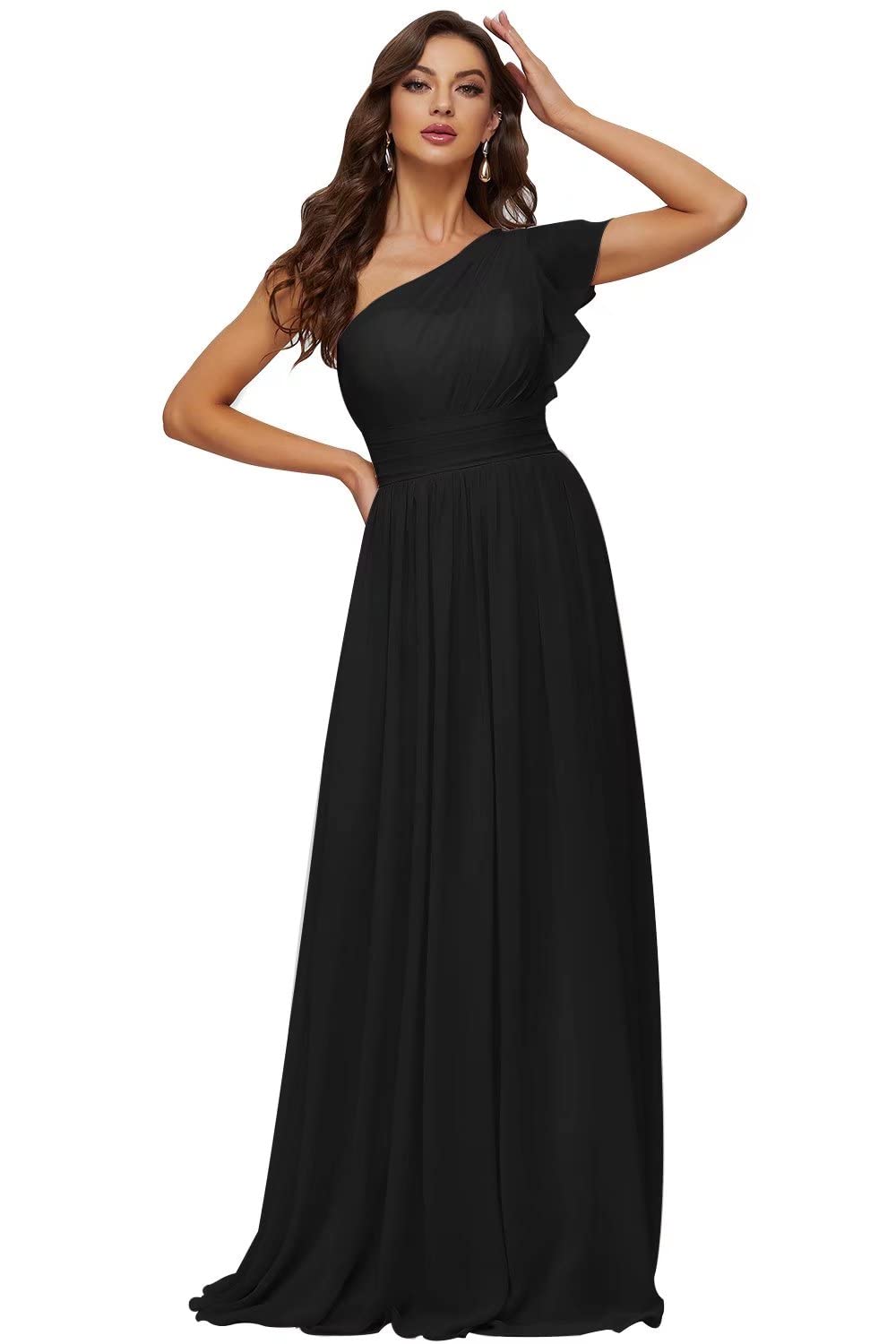 Elegant UZN Women's One Shoulder Bridesmaid Dress with Long Ruffle Sleeves - Chiffon Pleated Wedding Guest Gown for Formal Events, Parties & Special Occasions