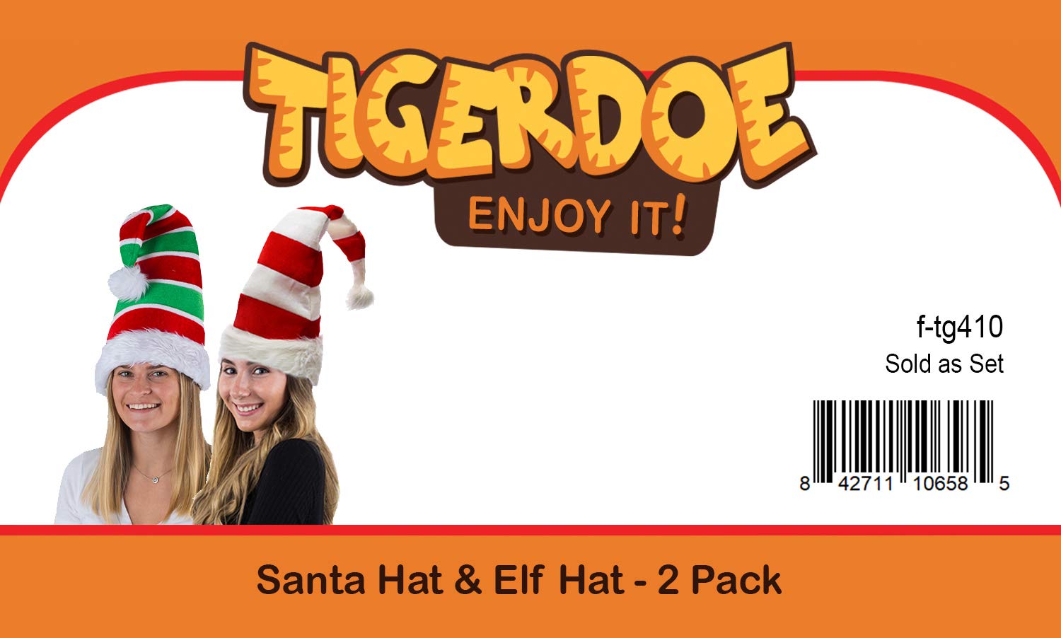 Tigerdoe Striped Santa Hat & Elf Hat Set - 2 Pack Christmas Costume Hats for Holiday Parties, Xmas Photos & Festive Celebrations