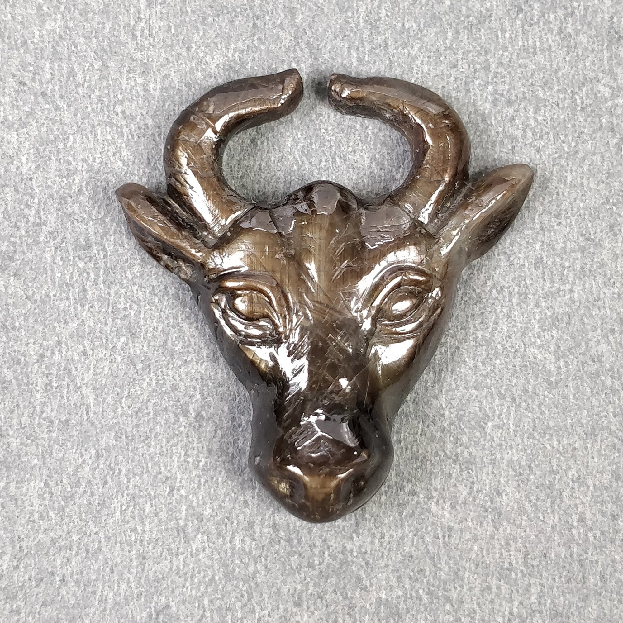 Natural Untreated Golden Brown Chocolate Sapphire Gemstone Carving - 34.80cts Hand Carved Bull's Face (30x28.5mm) for Jewelry Making, Collectibles & Spiritual Healing | Unique Gift for Gem Lovers