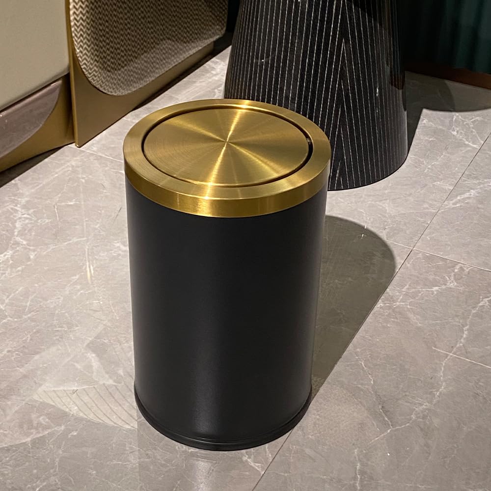 9L/2.4GAL Black and Gold Trash Can with Flipping Lid - Small Bathroom Garbage Bin for Hotel, Office, Laundry & Powder Room - Elegant Metallic Gold Design (BLACK) - Perfect for Waste Disposal in Tight Spaces