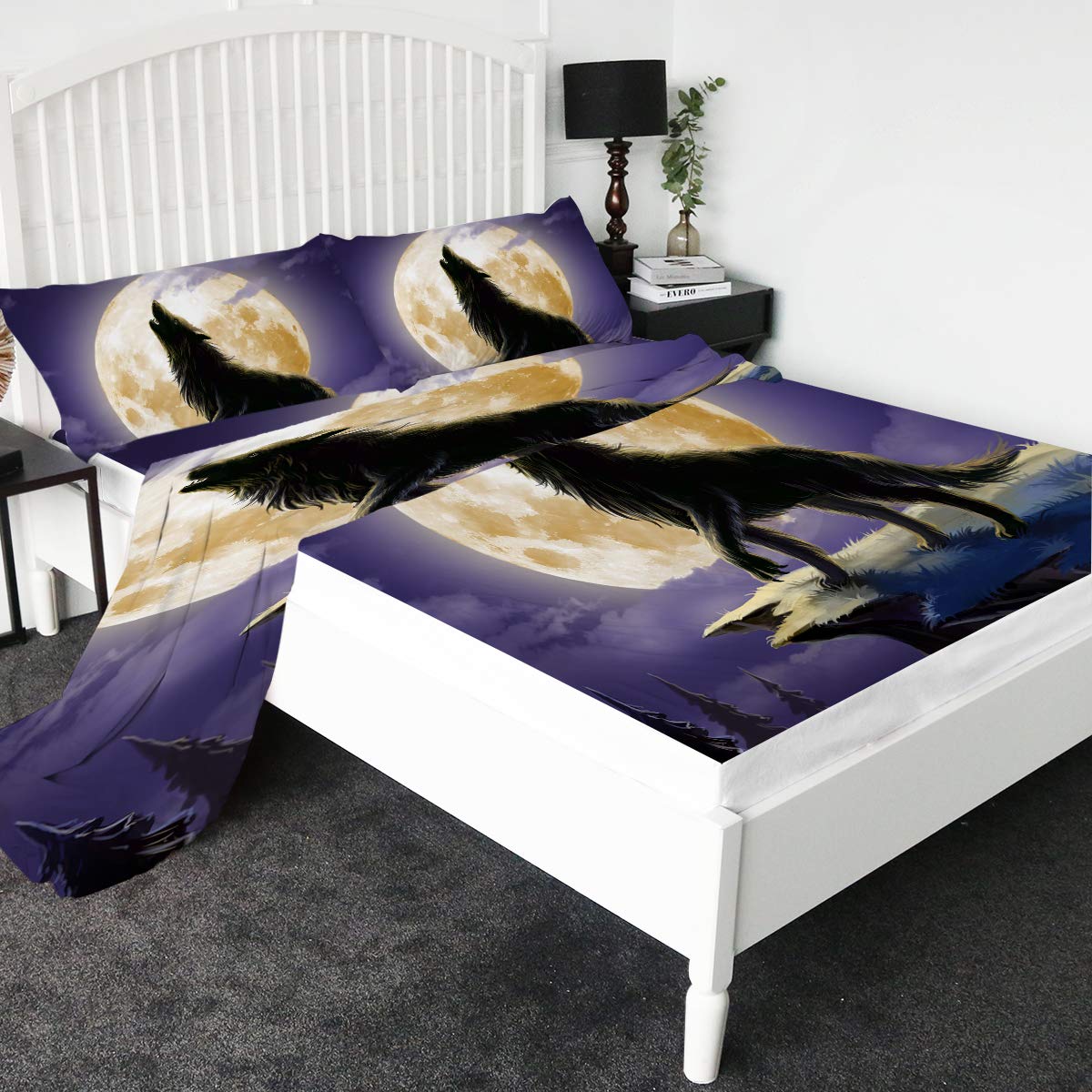 California King Wolf Howling in Forest & Moon Bedding Set - 100% Cotton Luxury Sheets with Deep Pockets | Perfect for Cozy Nights, Wolf Lover's Bedroom Decor & Unique Gift Idea