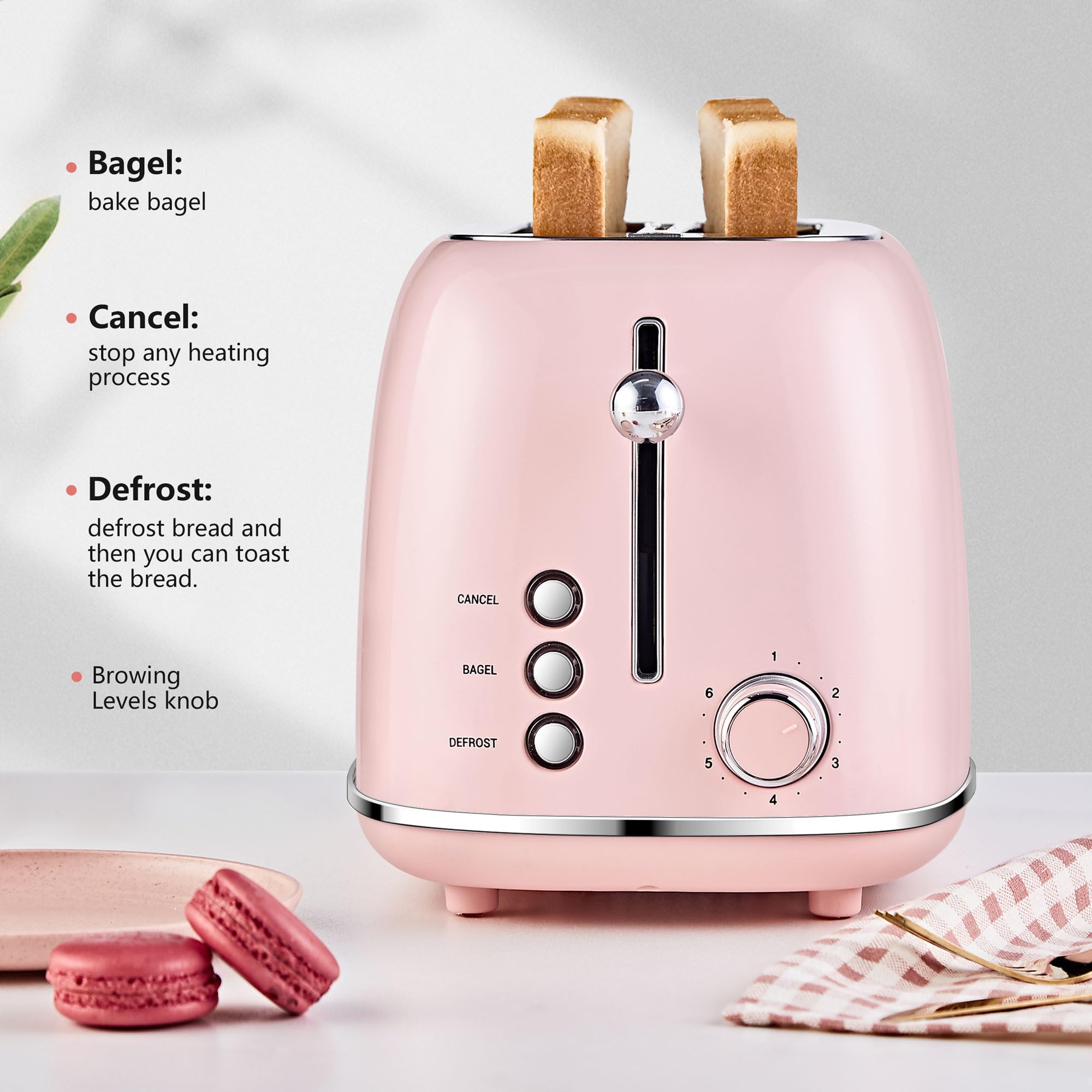 Retro 2-Slice Toaster with Bagel, Cancel & Defrost Functions - 6 Shade Settings, Extra Wide Slots & Removable Crumb Tray - Stainless Steel Pink Toaster for Kitchen, Breakfast, Dorm & Office Use