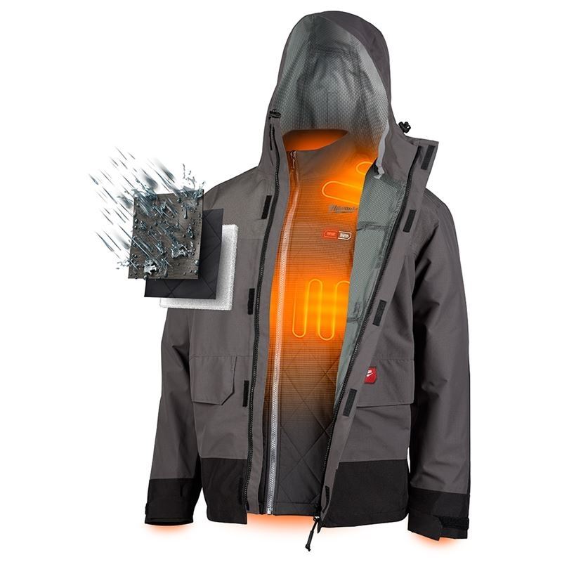 203RN 21 M12 12V Lithium-Ion Cordless Heated AXIS Layering System with HYDROBREAK Rain Shell Kit - XL Size (Gray) | Winter Outdoor Gear for Hunting, Skiing & Cold Weather Activities