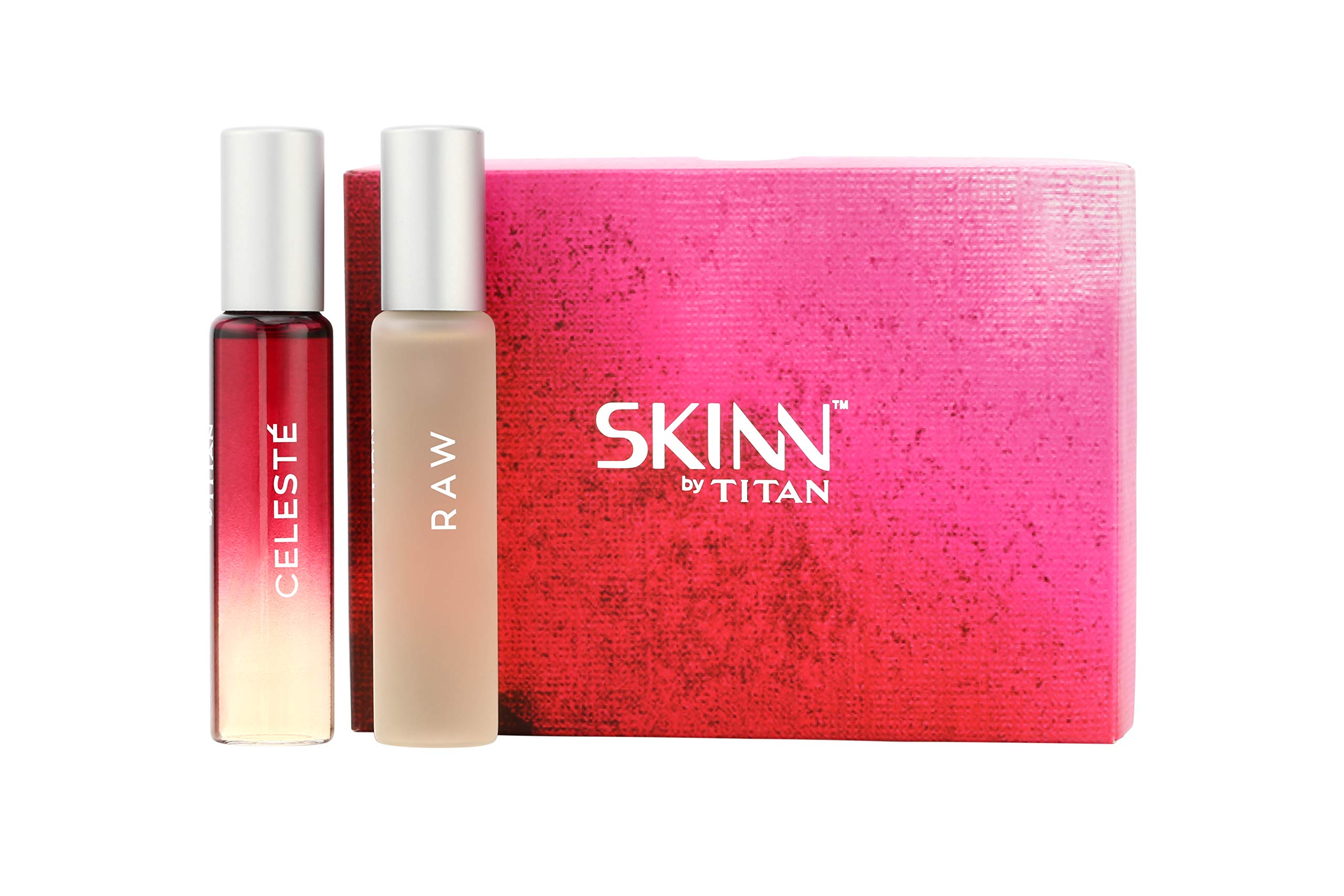 Skinn By Titan Unisex Perfume Gift Set - Raw & Celeste Long Lasting Woody Spray Fragrance (20ml x 2) | Travel Size Perfume for Men & Women | Romantic Gift for Couples | Perfect for Date Nights, Anniversaries & Special Occasions