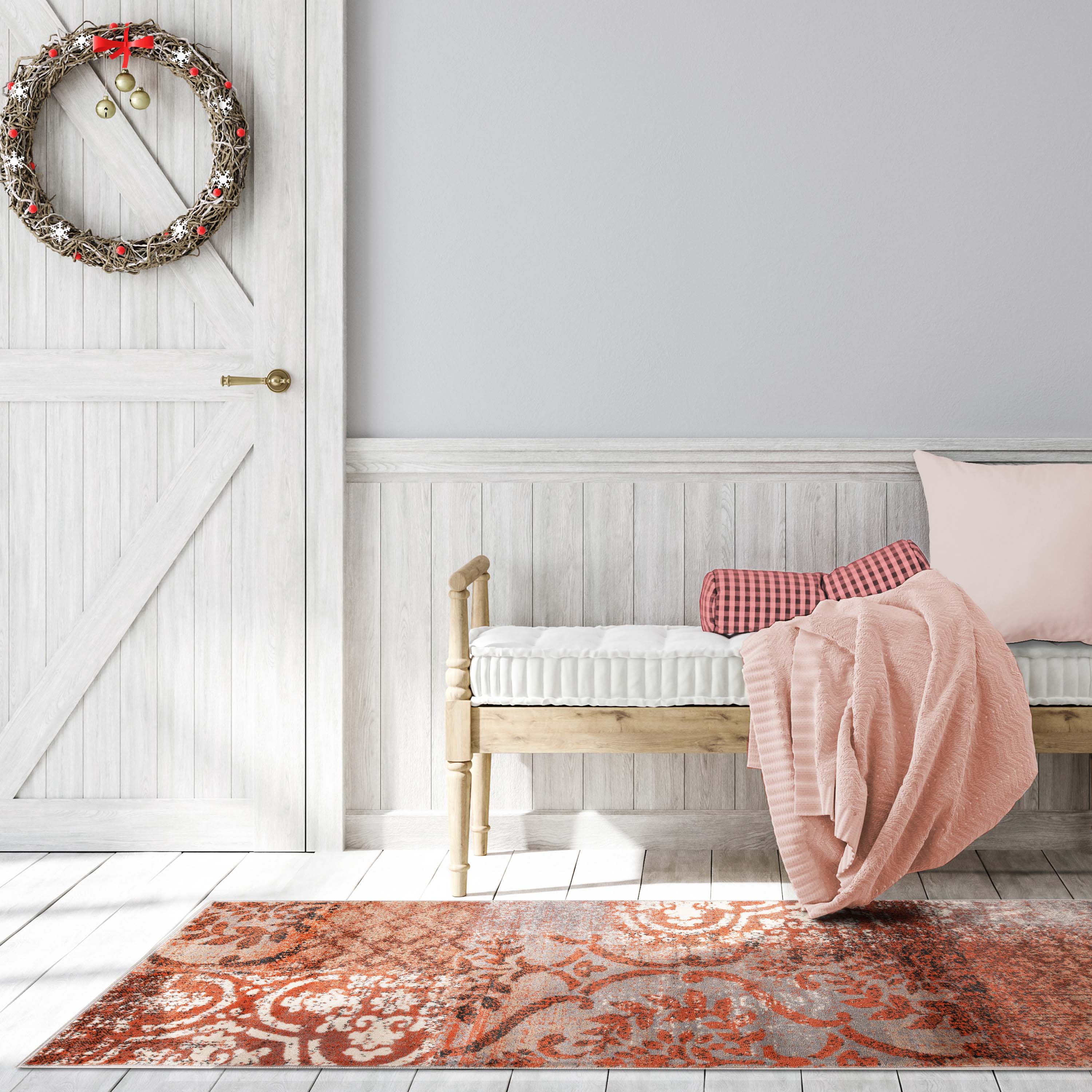 Bristol Distressed Abstract Damask Indoor Area Rug - Non-Slip Living Room Carpet Runner for Bedroom, Hallway & Entryway Decor